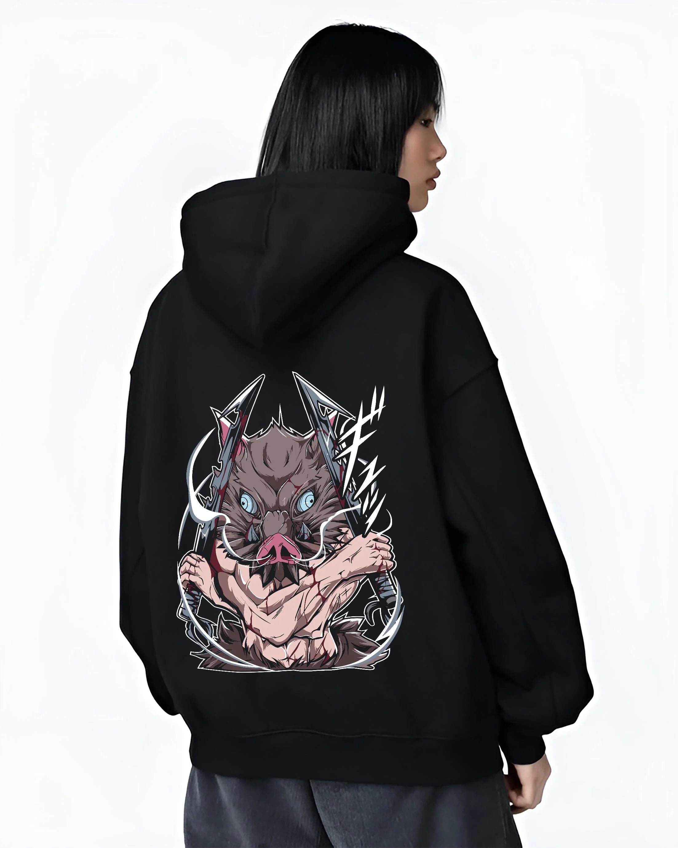 Black hoodie worn by female model, back view with Demon Slayer Hoodie Inosuke Hashibira Beast Jumper graphic premium wear.