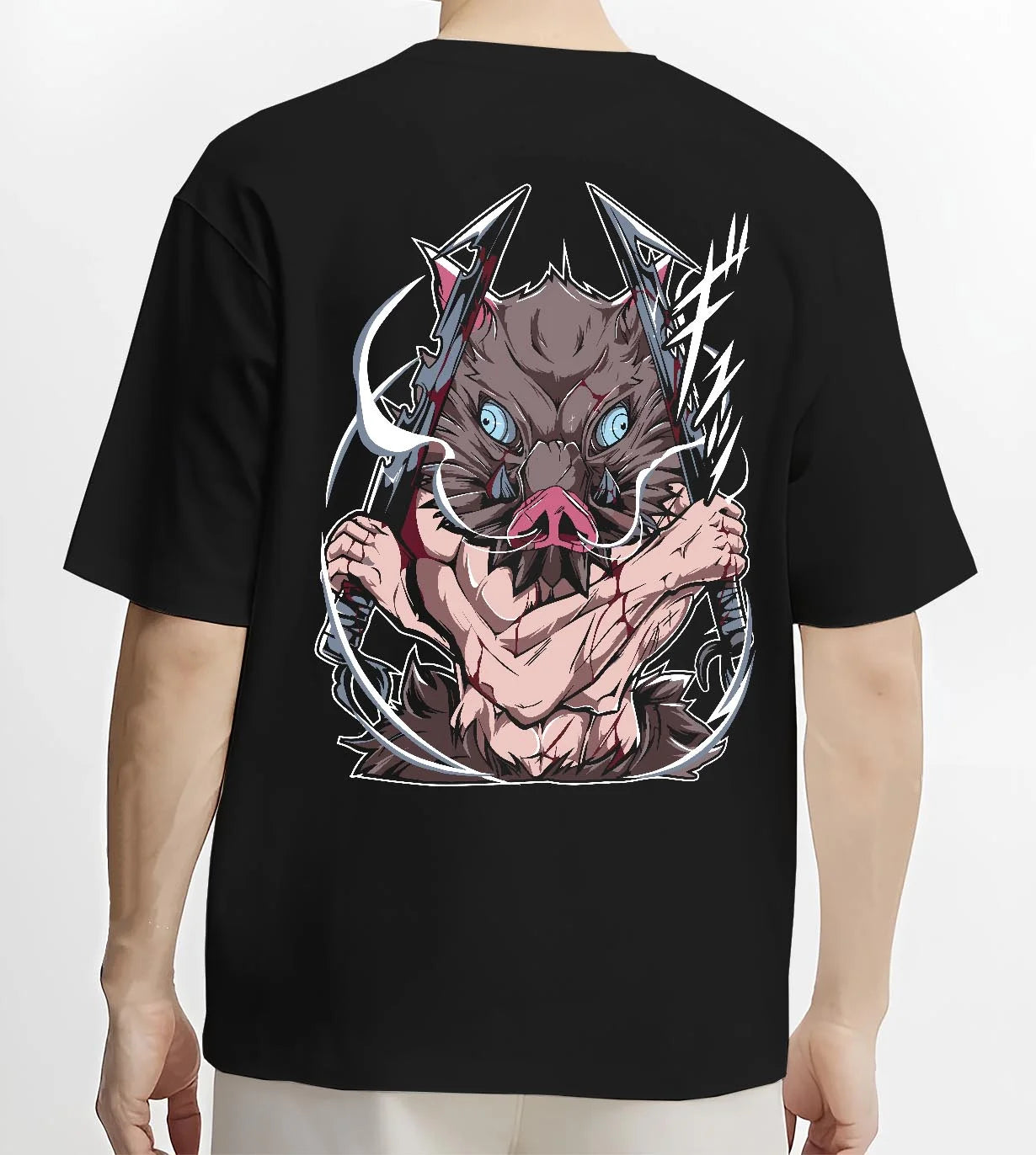 Black T-shirt worn by male model, back view with Demon Slayer Hoodie Inosuke Hashibira Beast Jumper graphic bold anime graphic.