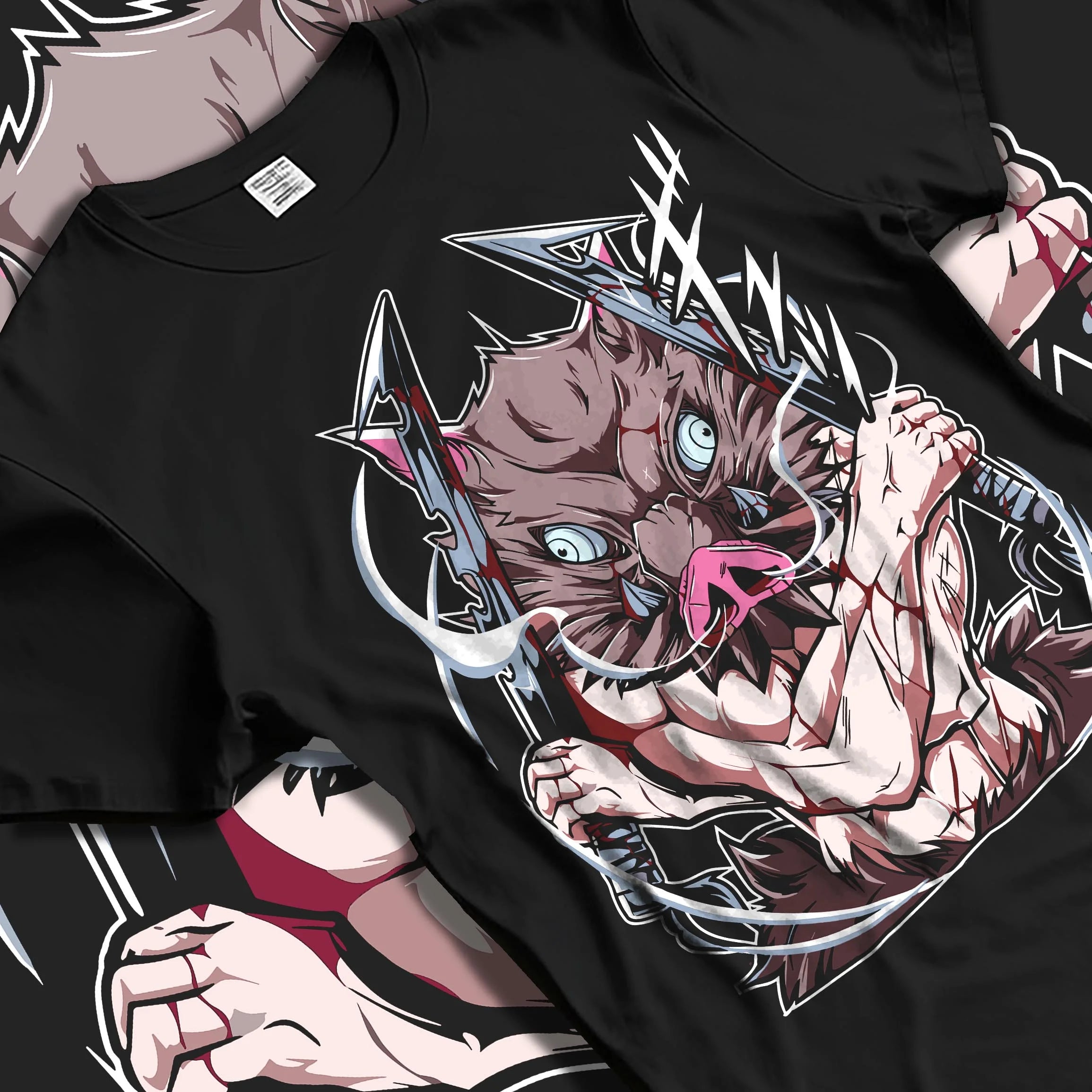 Black T-shirt laid flat with natural folds with Demon Slayer Hoodie Inosuke Hashibira Beast Jumper graphic streetwear graphic.