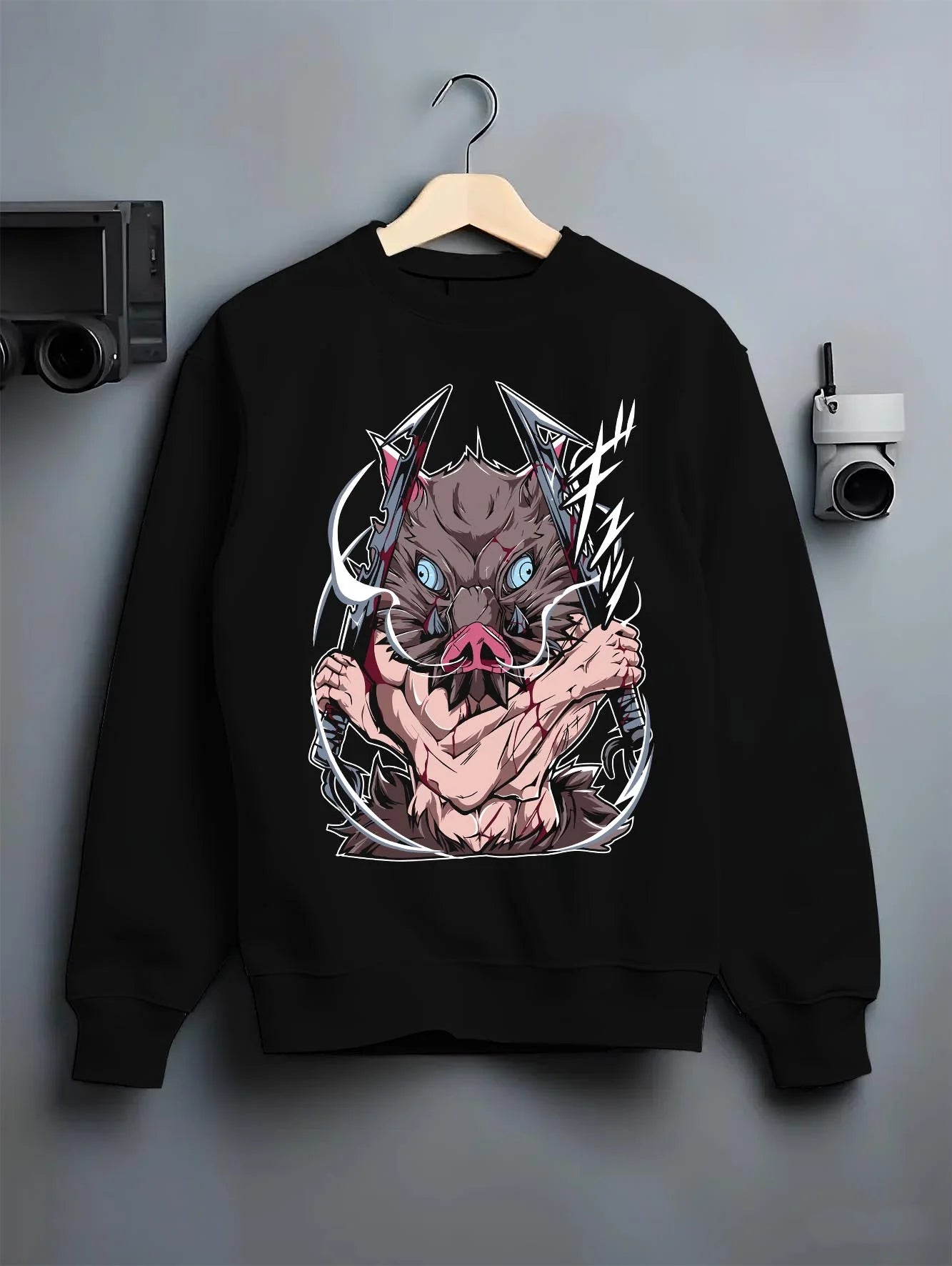 Black crewneck sweatshirt on hanger with Demon Slayer Hoodie Inosuke Hashibira Beast Jumper graphic premium wear.
