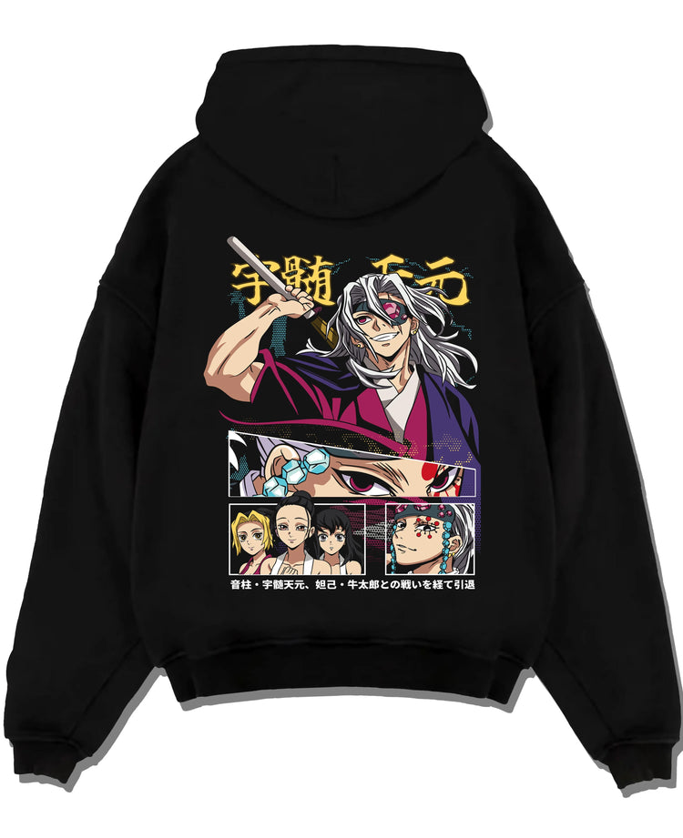 Black pullover hoodie laid flat featuring Tengen Uzui Demon Slayer Sound Hashira design with retro manga graphic and anime poster inspired artwork.