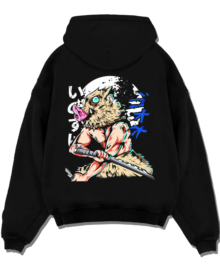 Black pullover hoodie laid flat with Demon Slayer Hoodie Inosuke Hashibira Twin Blades Jumper graphic premium wear.