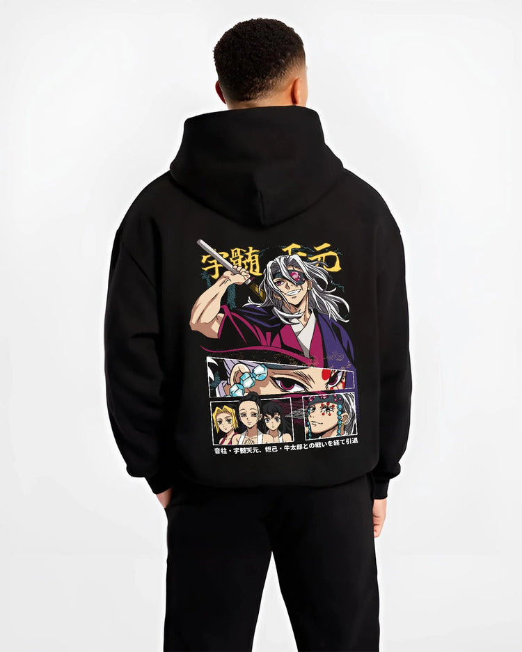 Black hoodie worn by male model, back view highlighting Tengen Uzui Sound Hashira motif, retro streetwear graphic with bold anime composition.