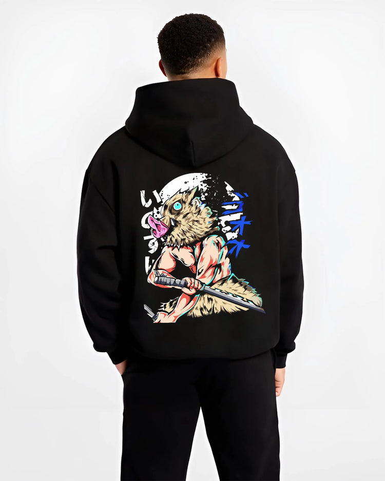 Black hoodie worn by male model, back view with Demon Slayer Hoodie Inosuke Hashibira Twin Blades Jumper graphic streetwear graphic.