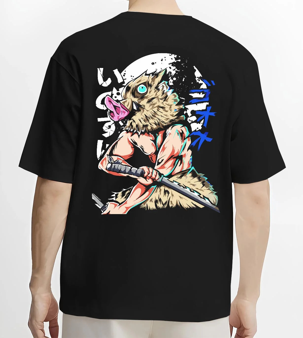 Black T-shirt worn by male model, back view with Demon Slayer Hoodie Inosuke Hashibira Twin Blades Jumper graphic premium wear.