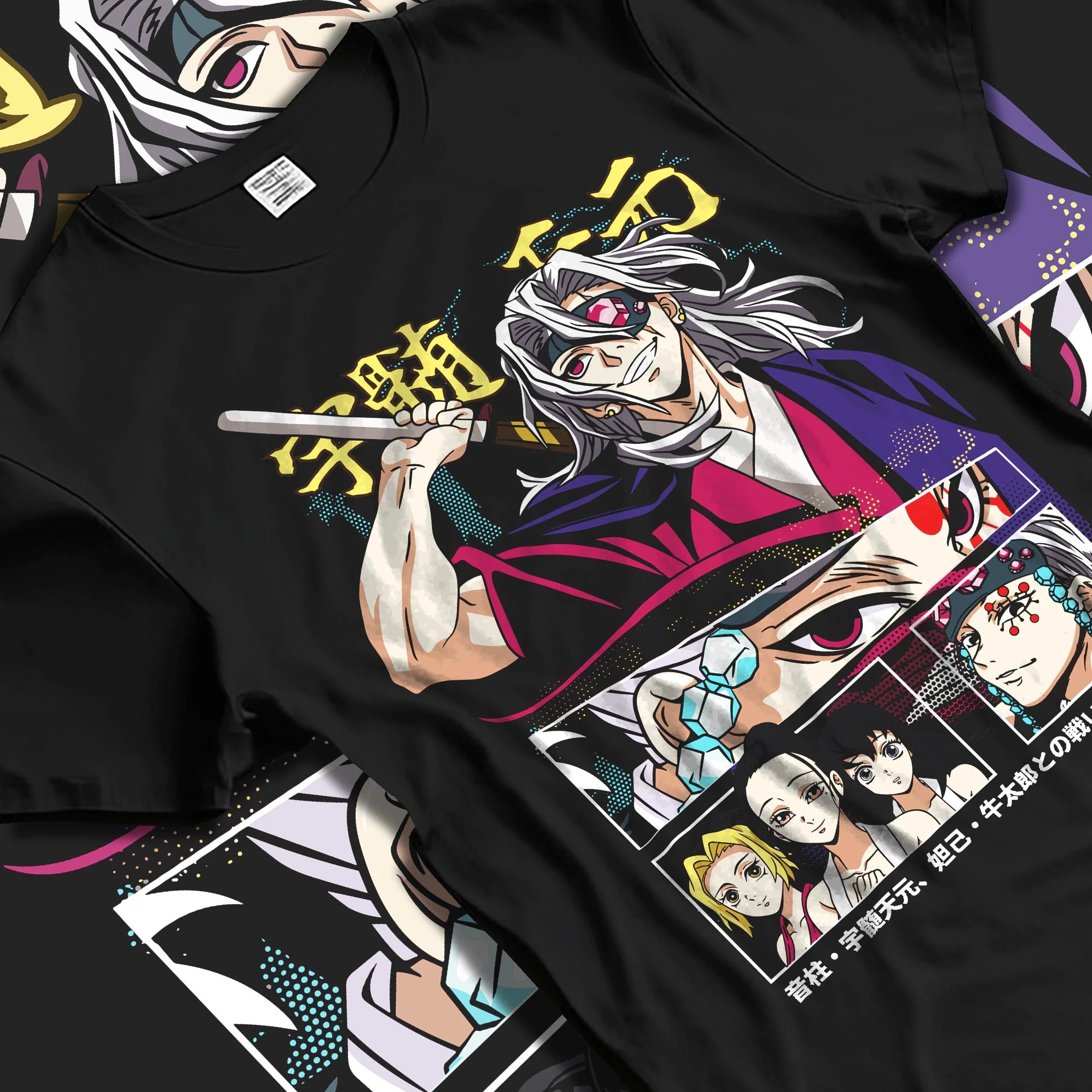Black T-shirt laid flat with natural folds showing Tengen Uzui Demon Slayer composition with nostalgic 90s graphic and anime clothing streetwear appeal.