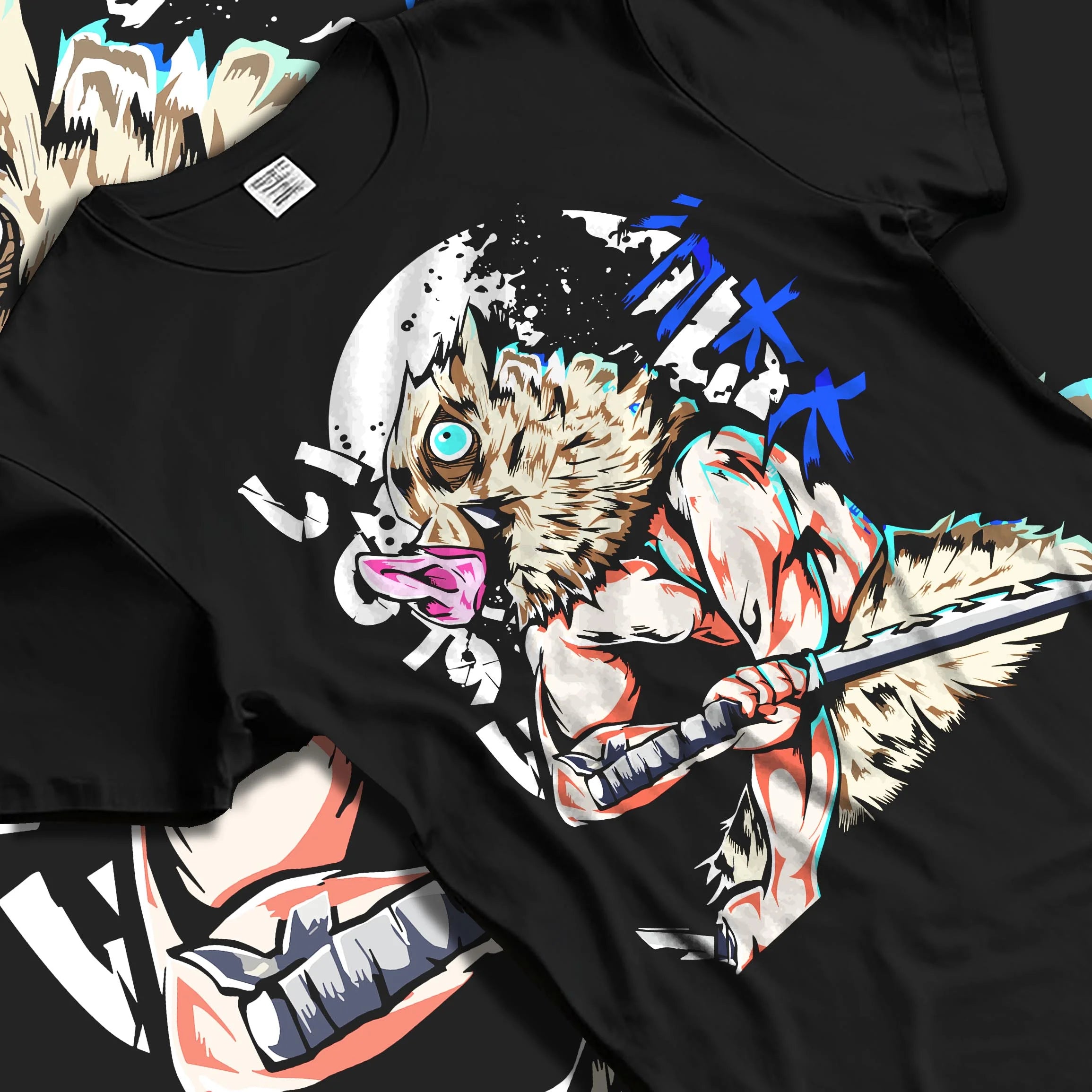 Black T-shirt laid flat with natural folds with Demon Slayer Hoodie Inosuke Hashibira Twin Blades Jumper graphic bold anime graphic.