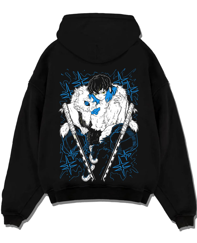 Black pullover hoodie laid flat with Demon Slayer Hoodie Inosuke Hashibira Dynamic Jumper graphic streetwear graphic.