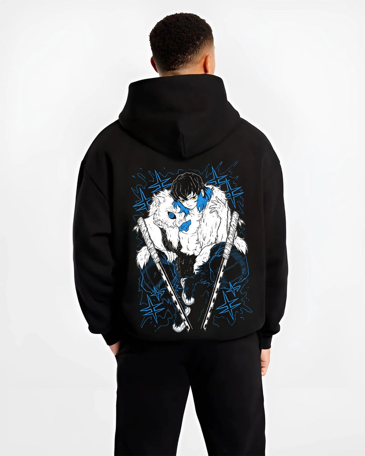 Black hoodie worn by male model, back view with Demon Slayer Hoodie Inosuke Hashibira Dynamic Jumper graphic streetwear graphic.