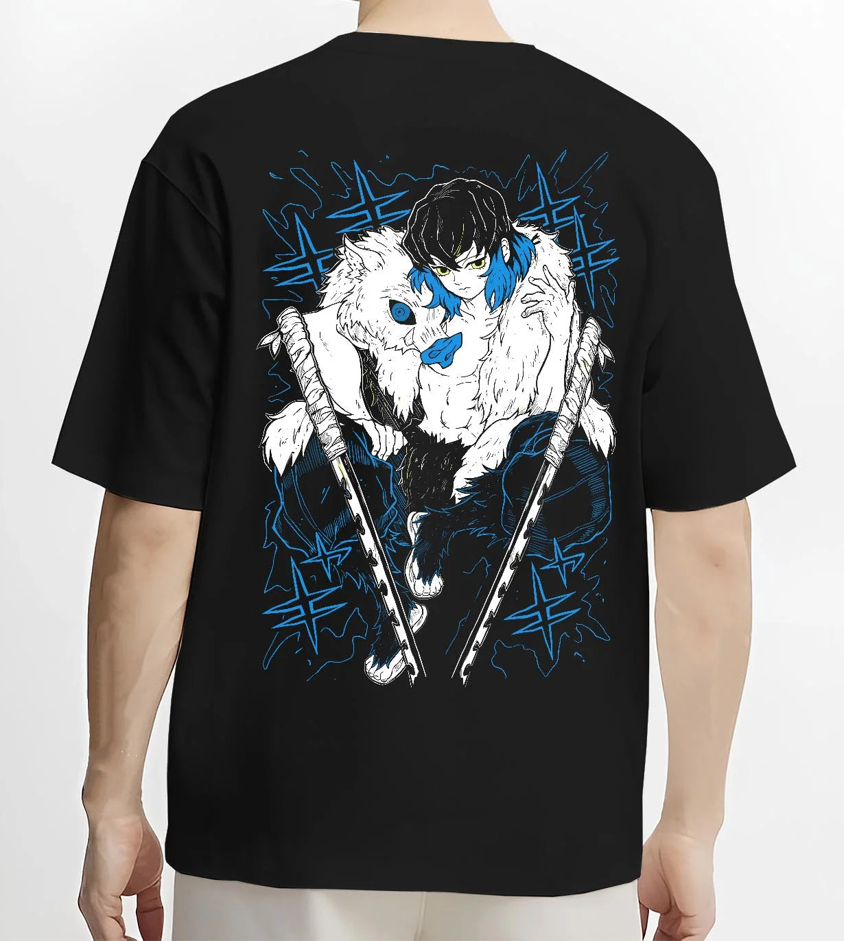 Black T-shirt worn by male model, back view with Demon Slayer Hoodie Inosuke Hashibira Dynamic Jumper graphic bold anime graphic.