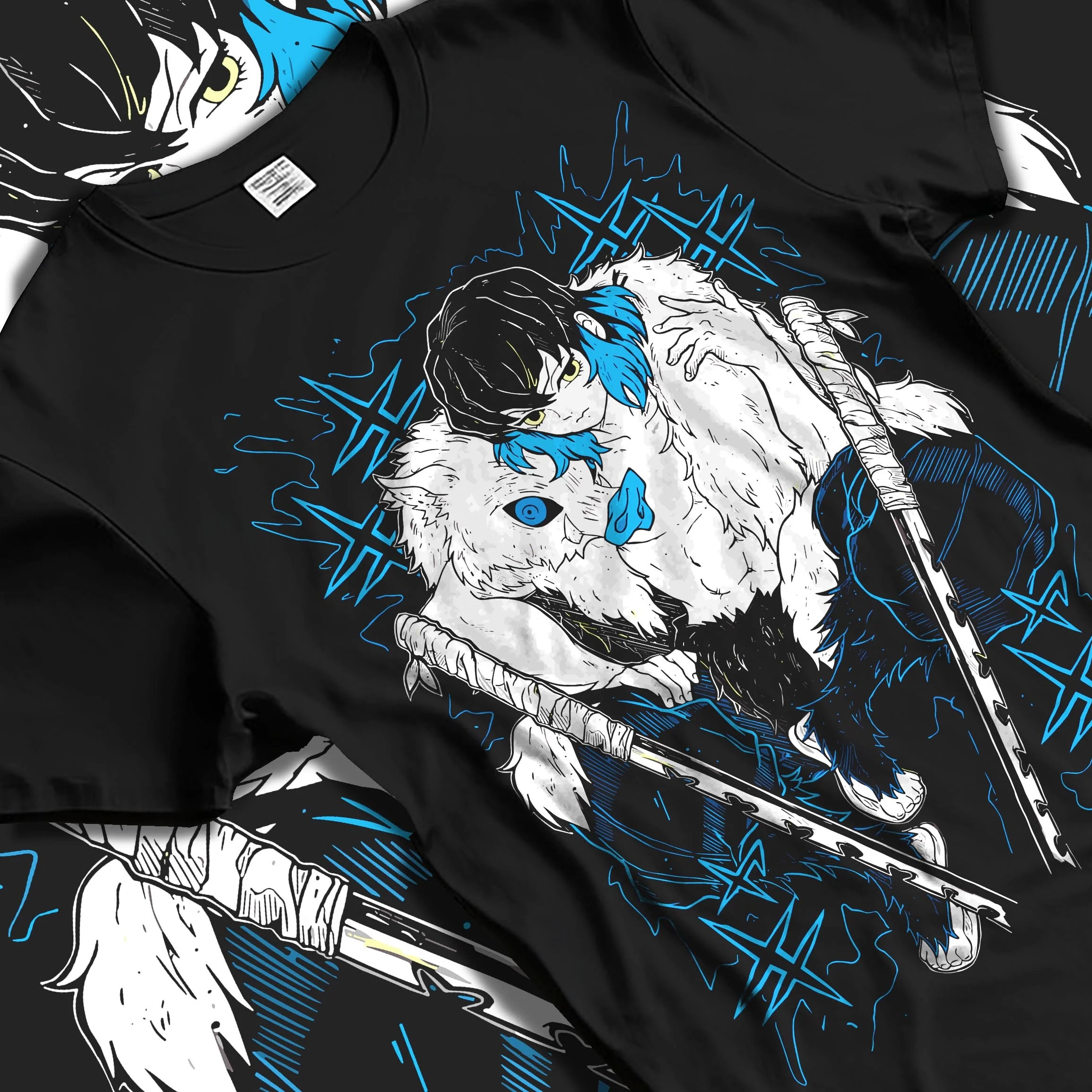 Black T-shirt laid flat with natural folds with Demon Slayer Hoodie Inosuke Hashibira Dynamic Jumper graphic premium wear.