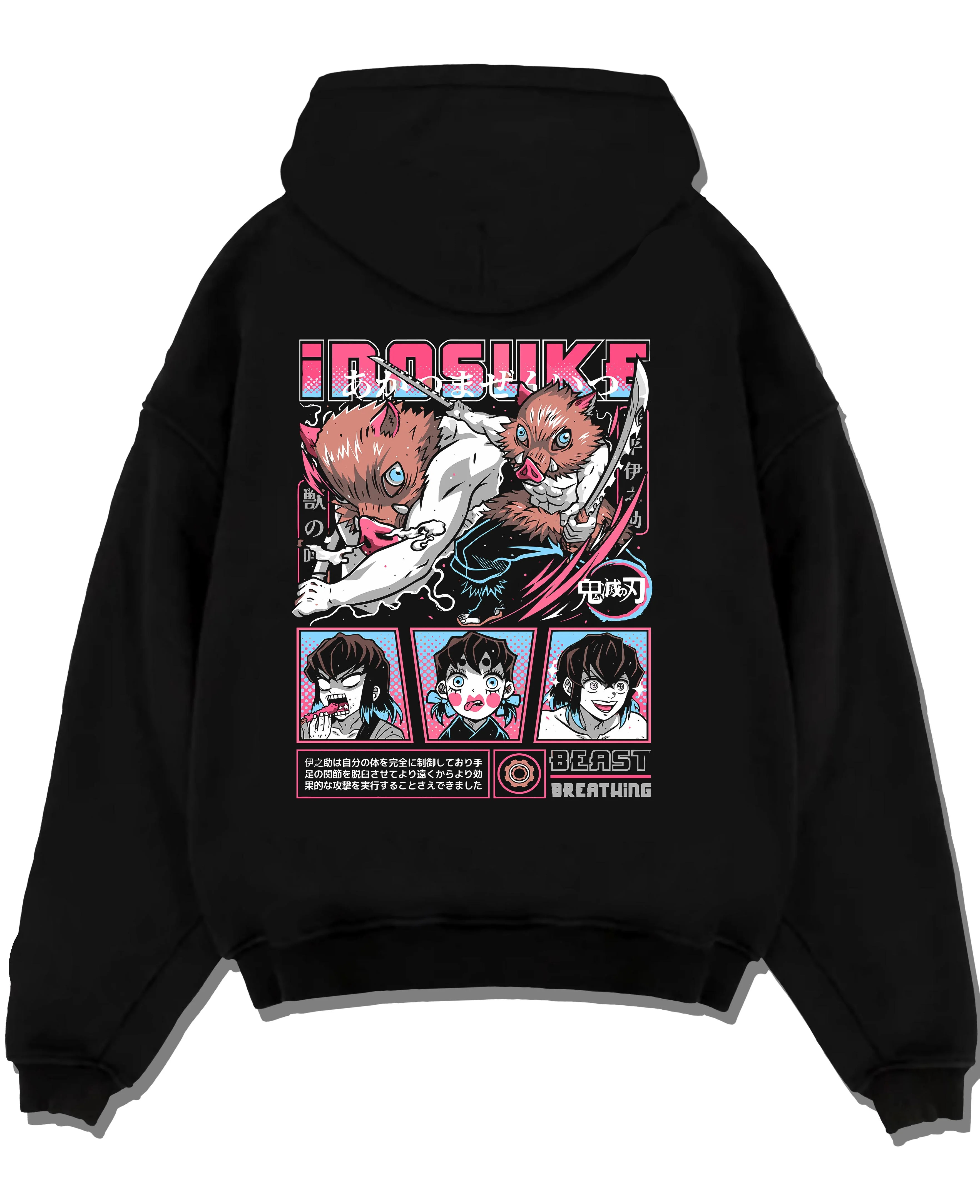 Black pullover hoodie laid flat with Demon Slayer Hoodie Inosuke Hashibira Wild Fighter graphic bold anime graphic.