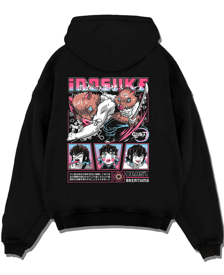 Black pullover hoodie laid flat with Demon Slayer Hoodie Inosuke Hashibira Wild Fighter graphic bold anime graphic.