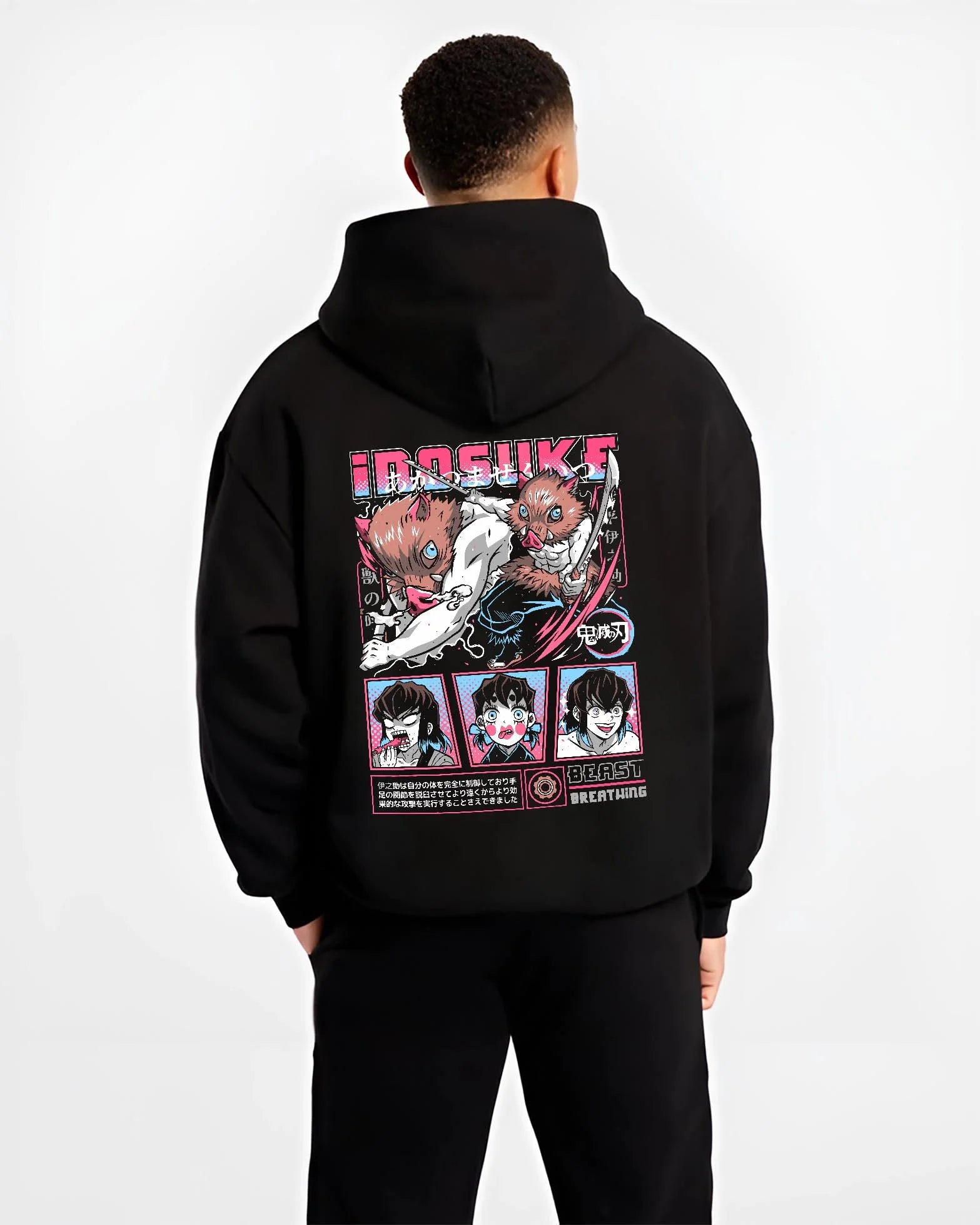 Black hoodie worn by male model, back view with Demon Slayer Hoodie Inosuke Hashibira Wild Fighter graphic streetwear graphic.