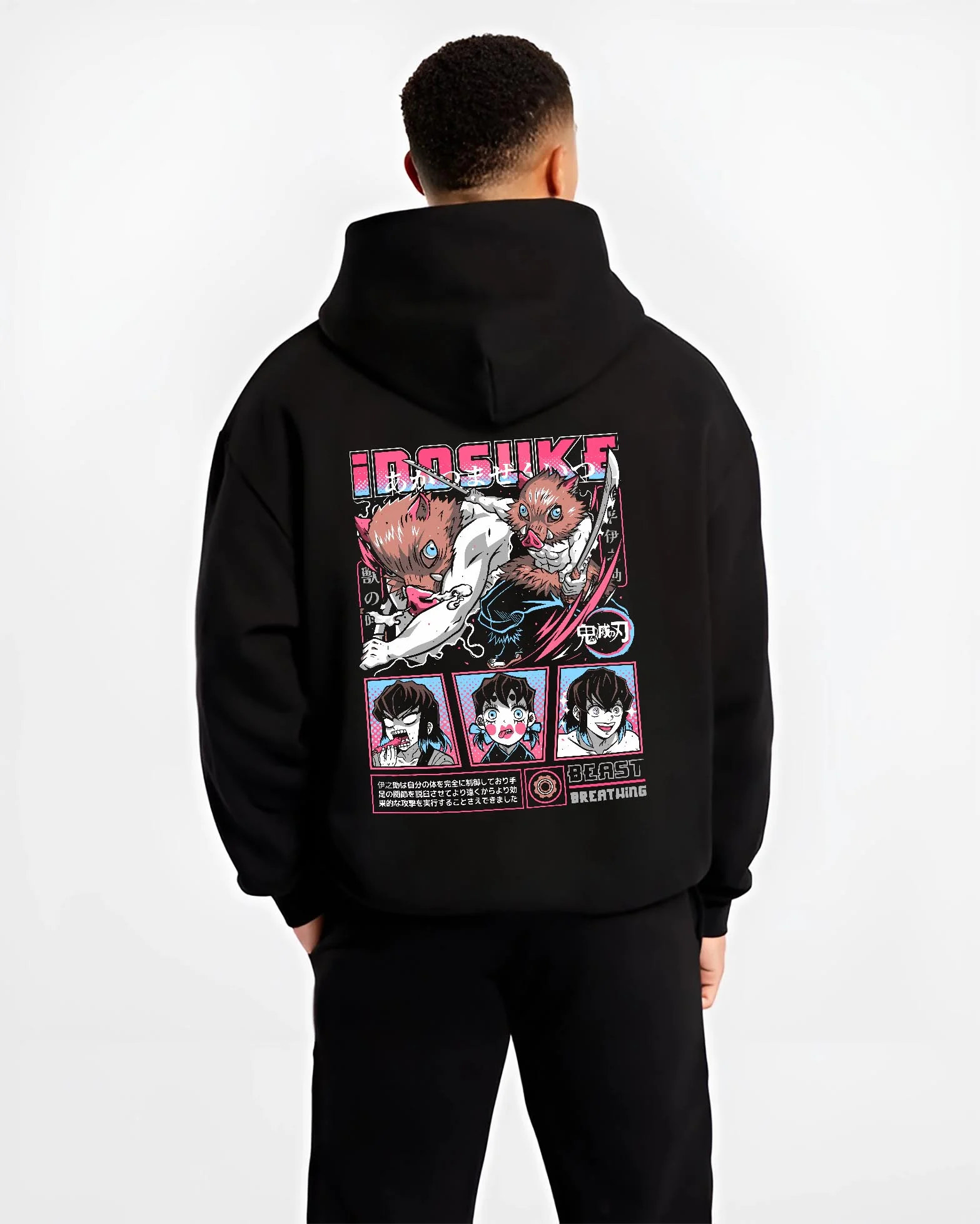 Black hoodie worn by male model, back view with Demon Slayer Hoodie Inosuke Hashibira Wild Fighter graphic streetwear graphic.