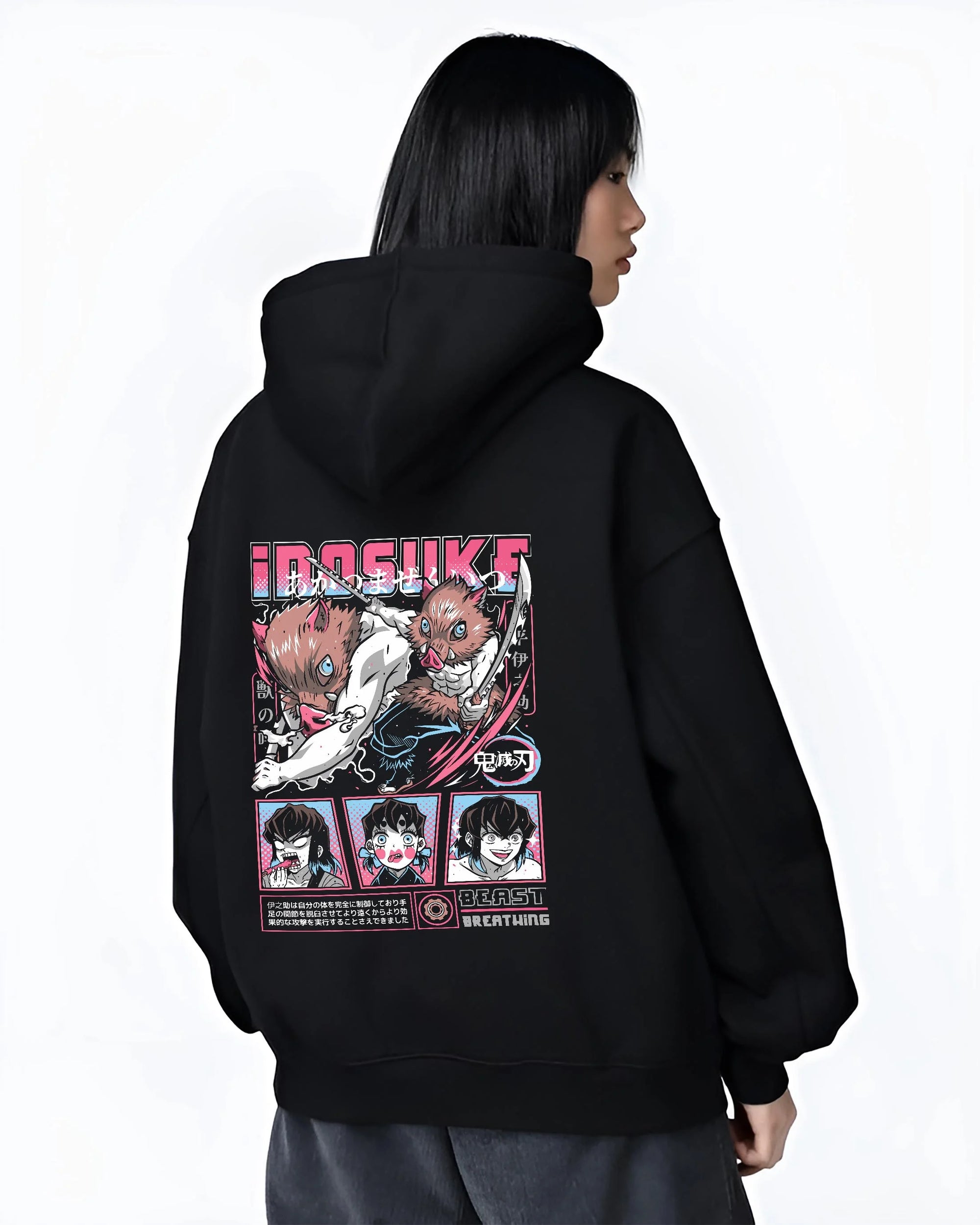 Black hoodie worn by female model, back view with Demon Slayer Hoodie Inosuke Hashibira Wild Fighter graphic premium wear.