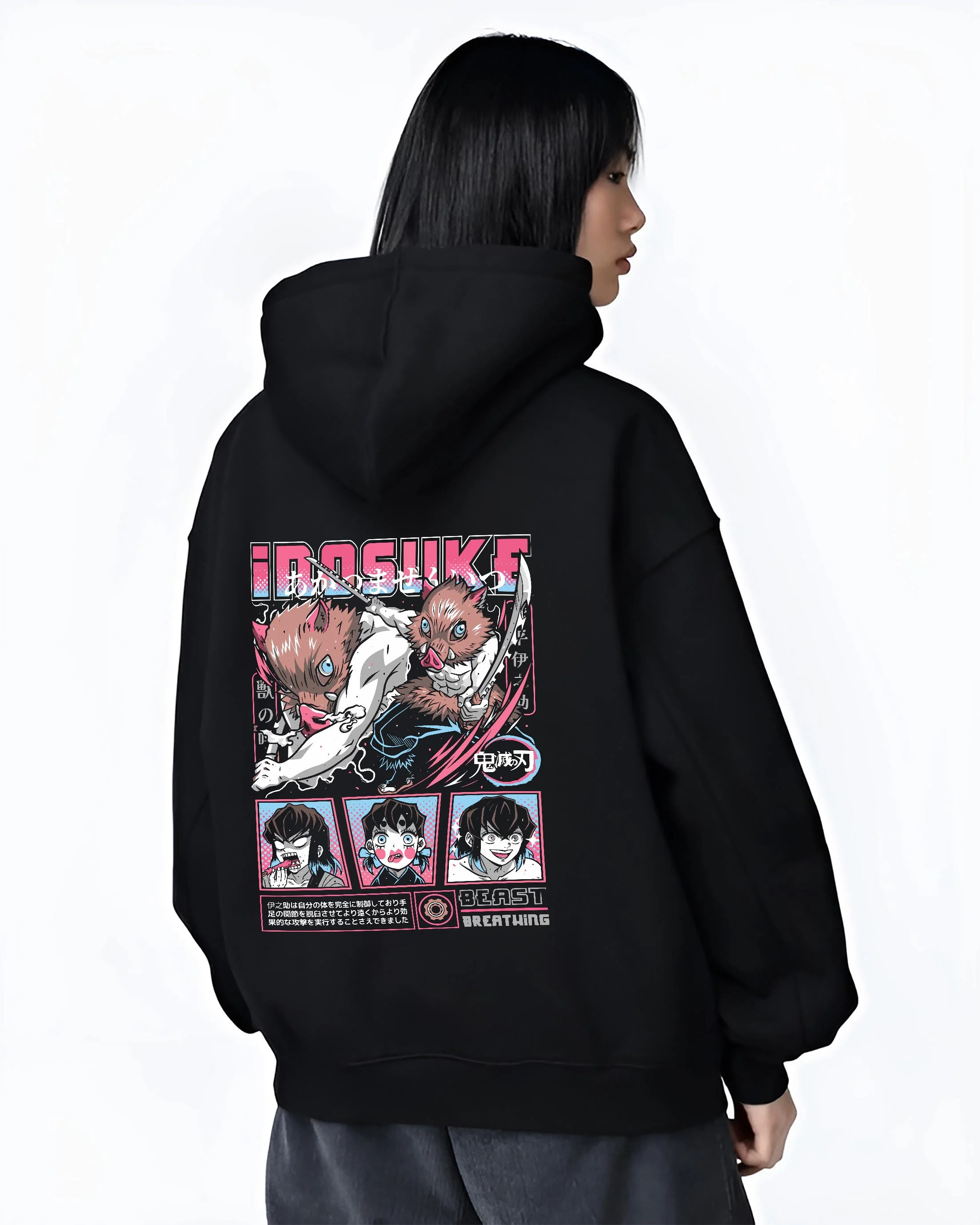Black hoodie worn by female model, back view with Demon Slayer Hoodie Inosuke Hashibira Wild Fighter graphic premium wear.