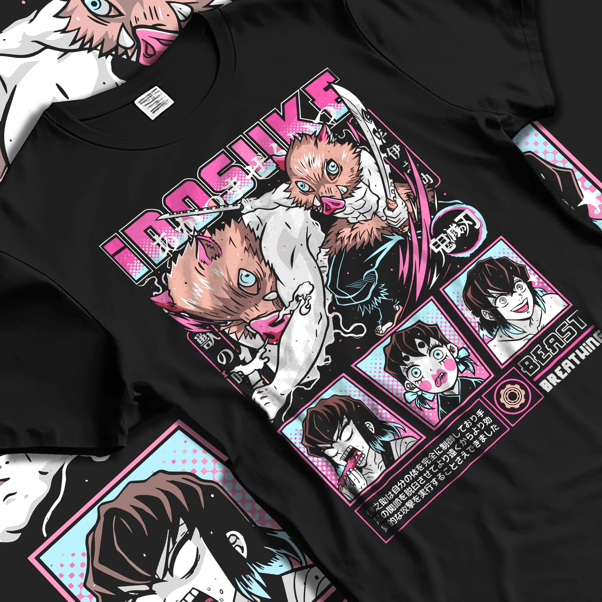 Black T-shirt laid flat with natural folds with Demon Slayer Hoodie Inosuke Hashibira Wild Fighter graphic premium wear.