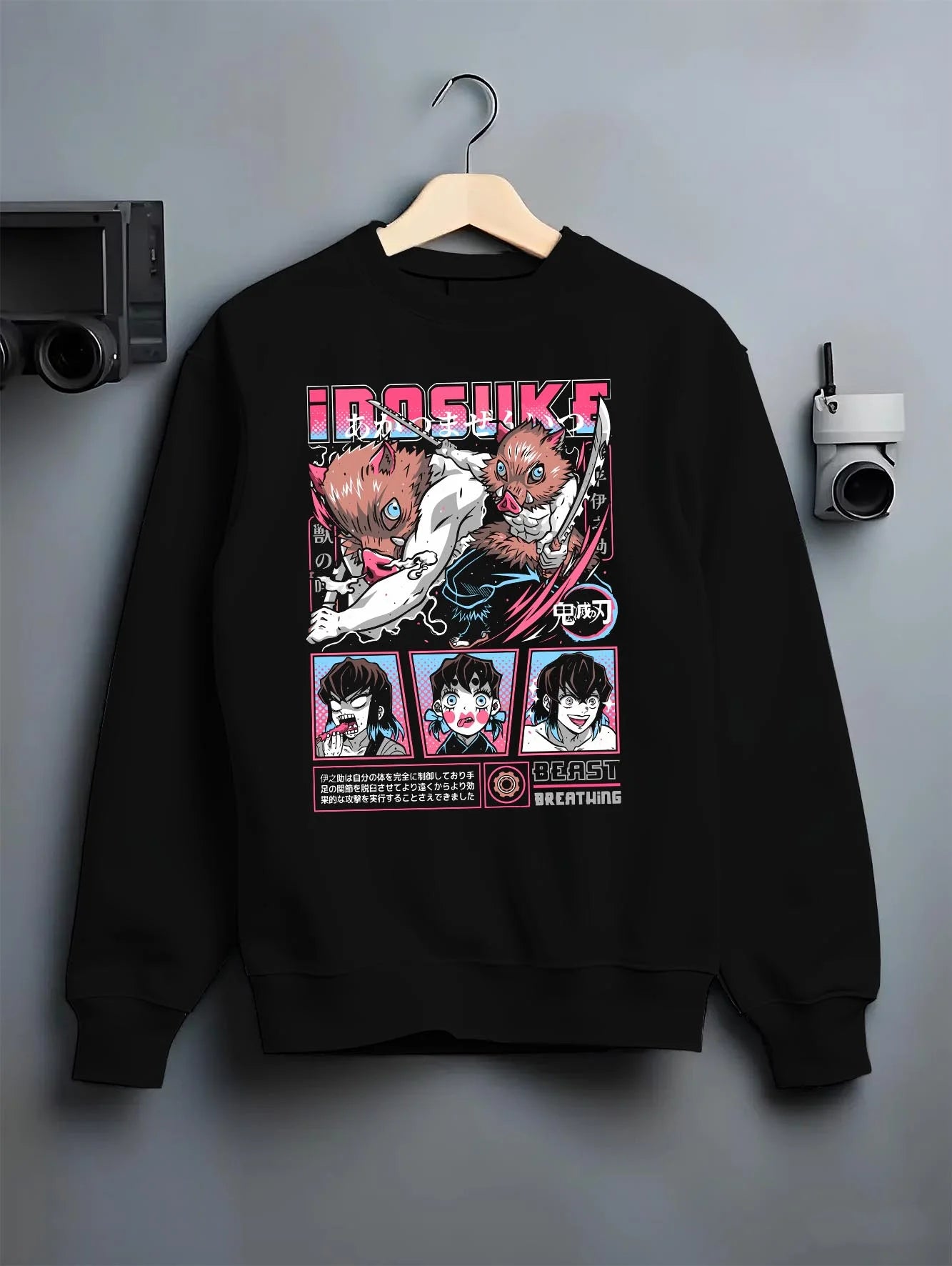 Black crewneck sweatshirt on hanger with Demon Slayer Hoodie Inosuke Hashibira Wild Fighter graphic streetwear graphic.