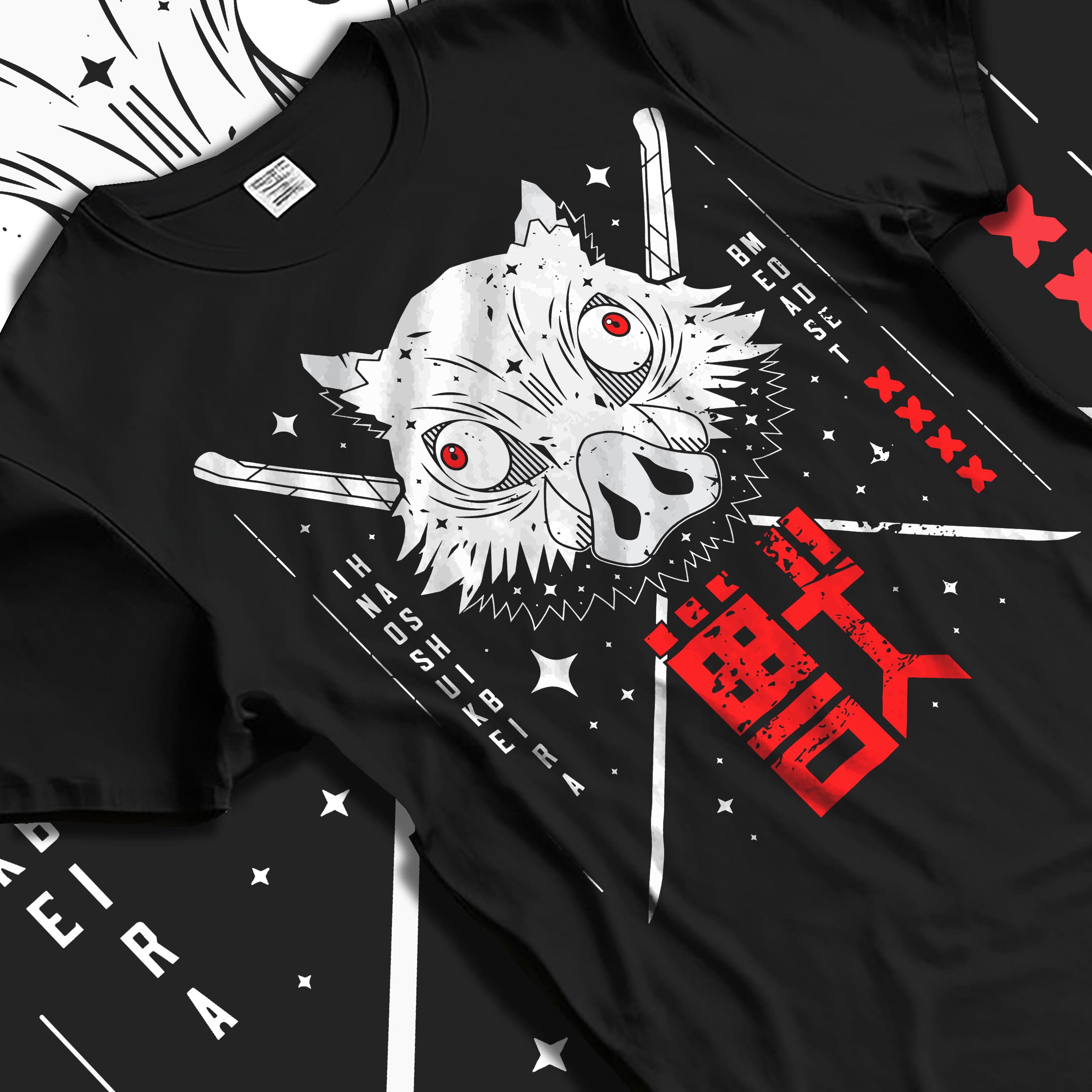 Black T-shirt laid flat with natural fabric folds, featuring Inosuke Hashibira retro manga inspired boar mask graphic with crossed swords and bold Japanese streetwear design.