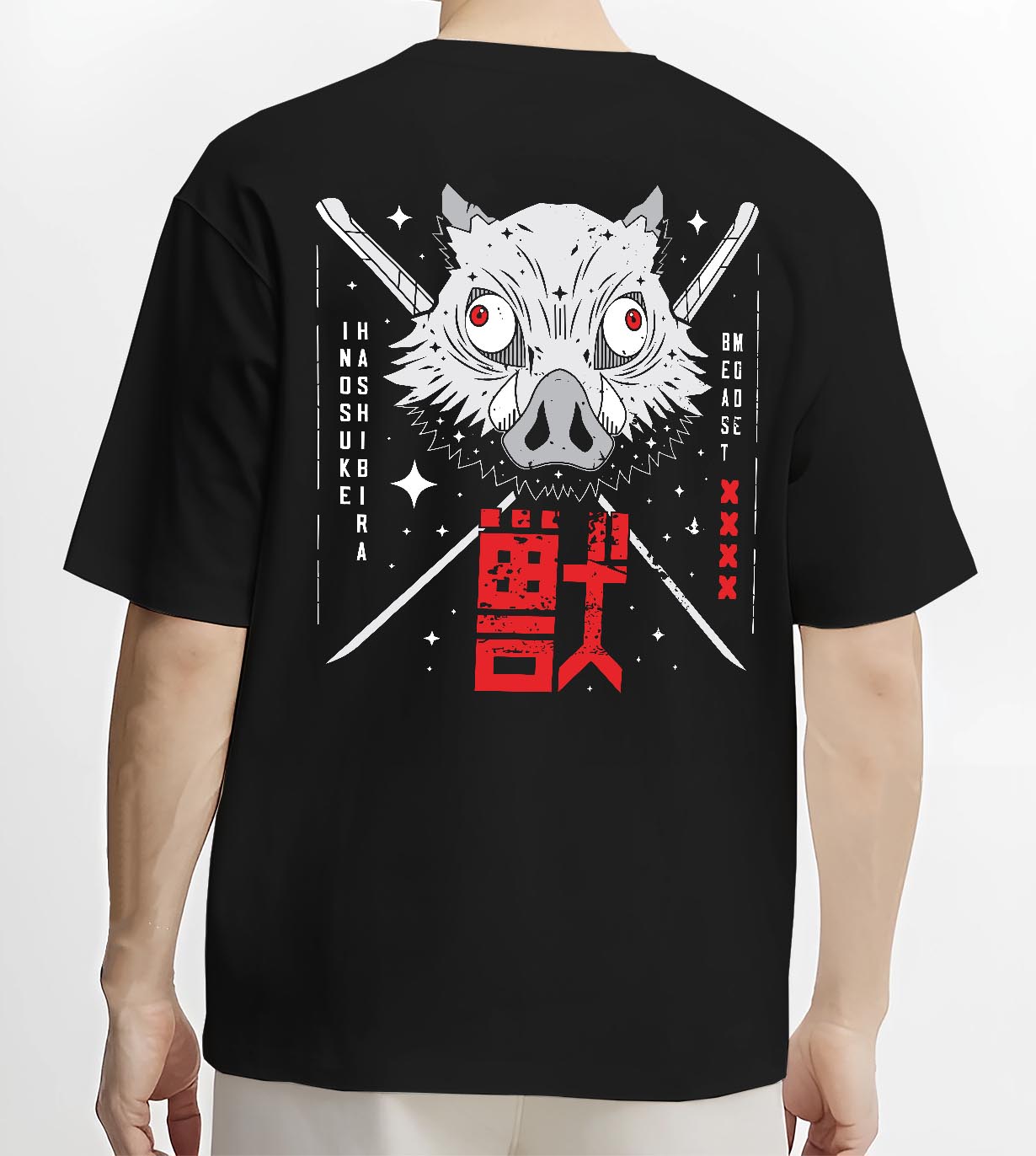Black T-shirt worn by a male model, back view, featuring Inosuke Hashibira boar mask anime streetwear graphic with crossed sword retro manga style in black, grey, and red tones.