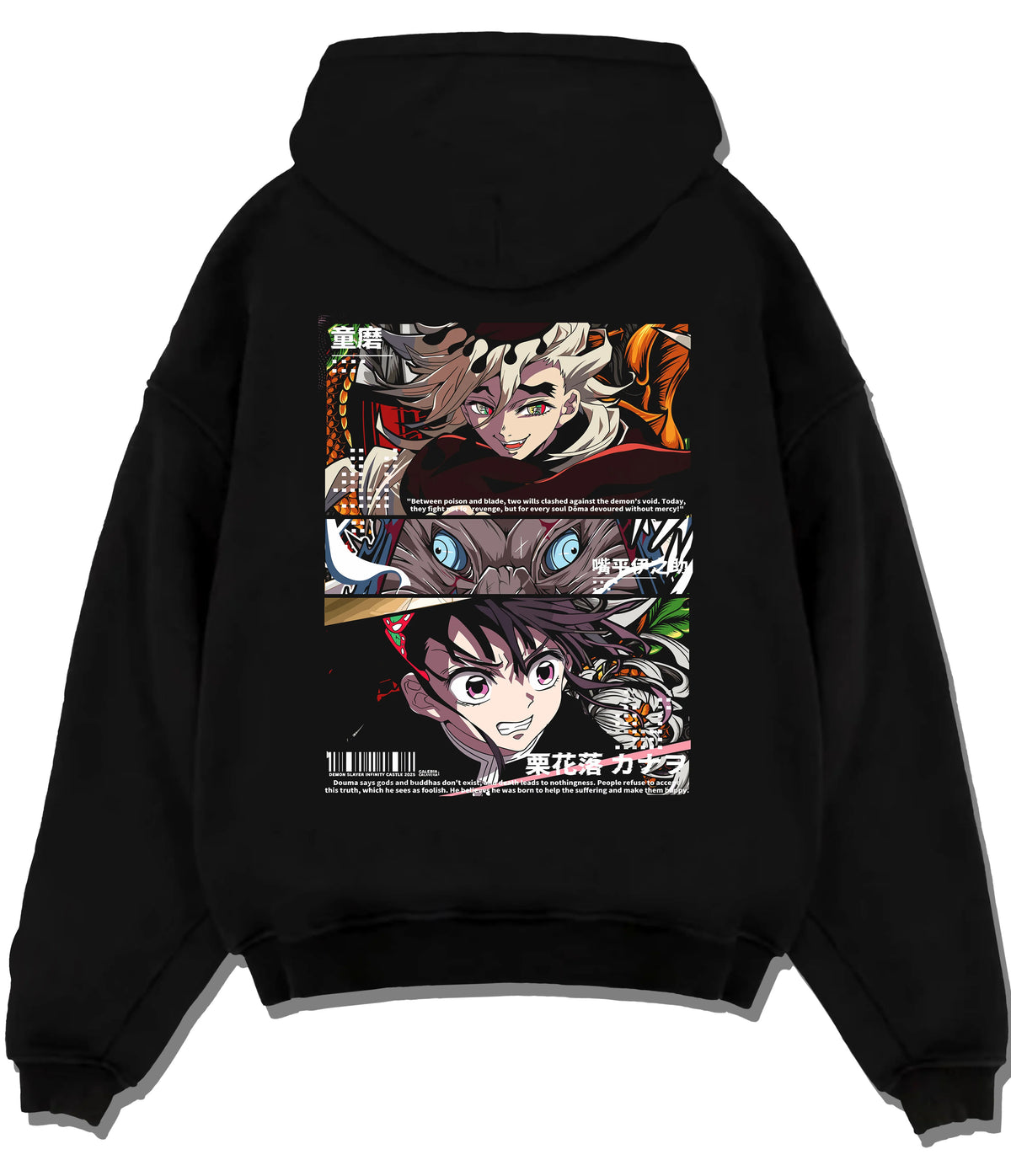 Black hoodie flat back view showing Inosuke and Demon Slayer cast: manga panel print