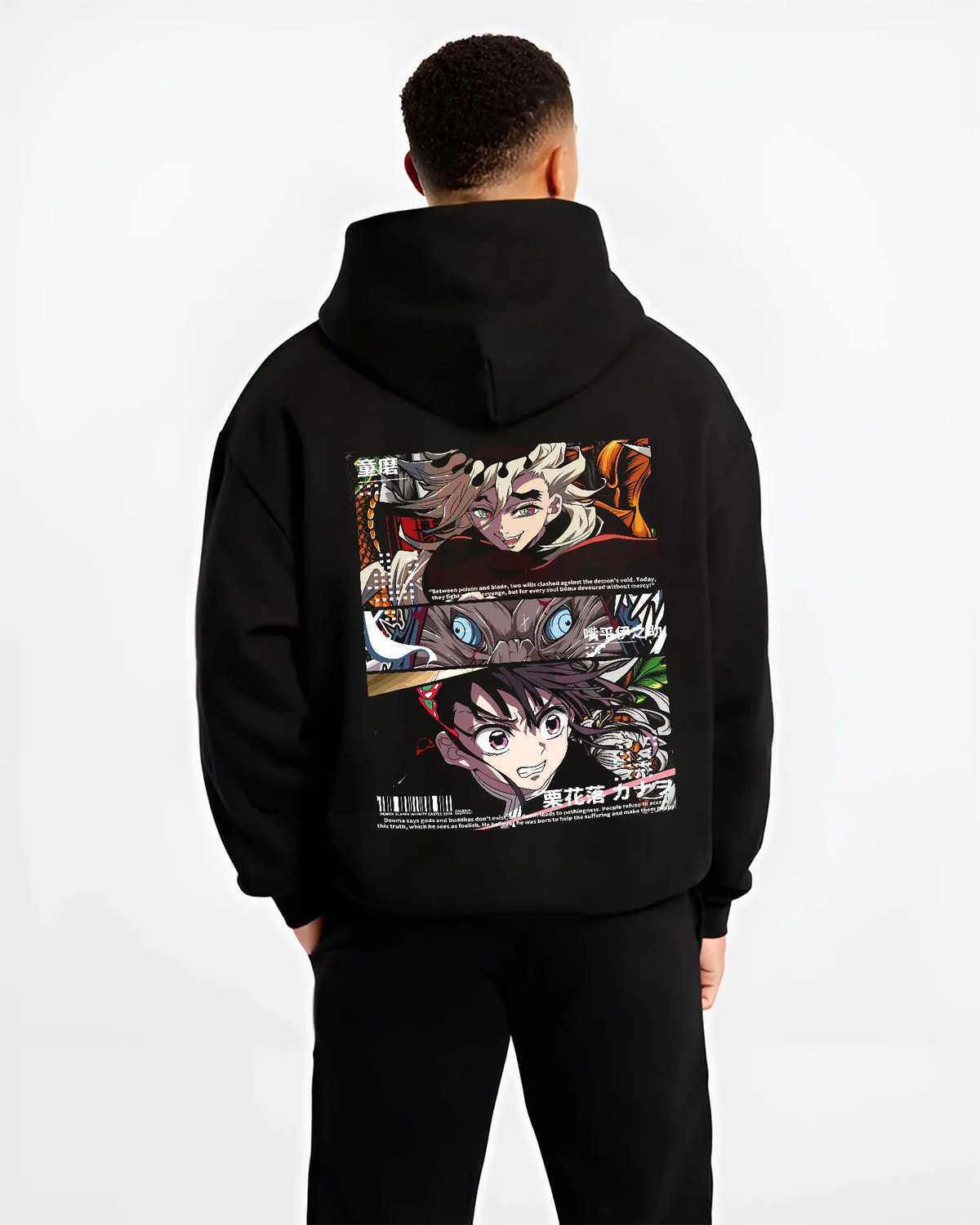 Black hoodie model back view showing Inosuke and Demon Slayer cast: manga panel print