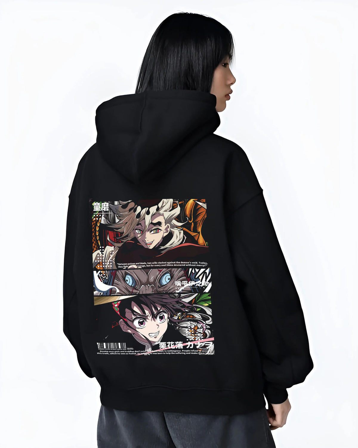 Black hoodie female model back view showing Inosuke and Demon Slayer cast: manga panel print