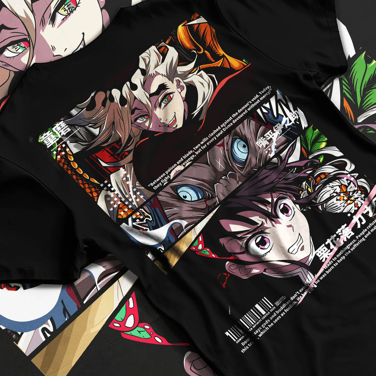 Black T-shirt flat back view showing Inosuke and Demon Slayer cast: manga panel print