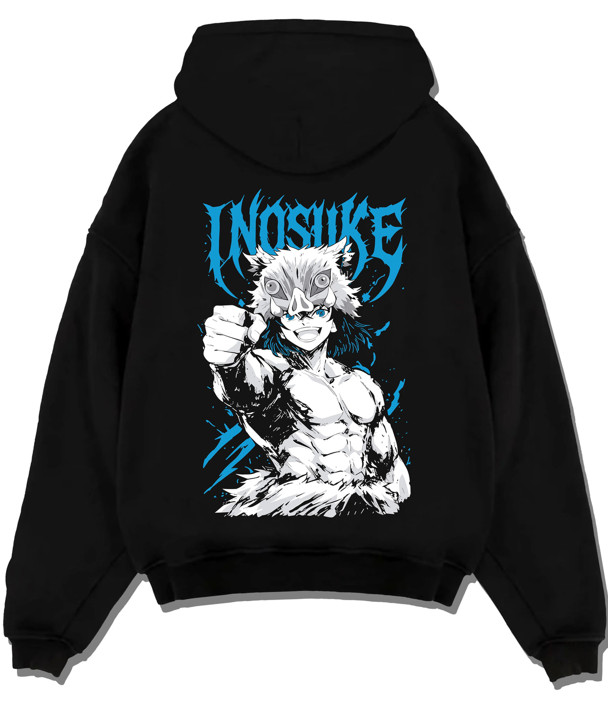 Black hoodie flat back view showing Inosuke Hashibira from Demon Slayer: unmasked action pose