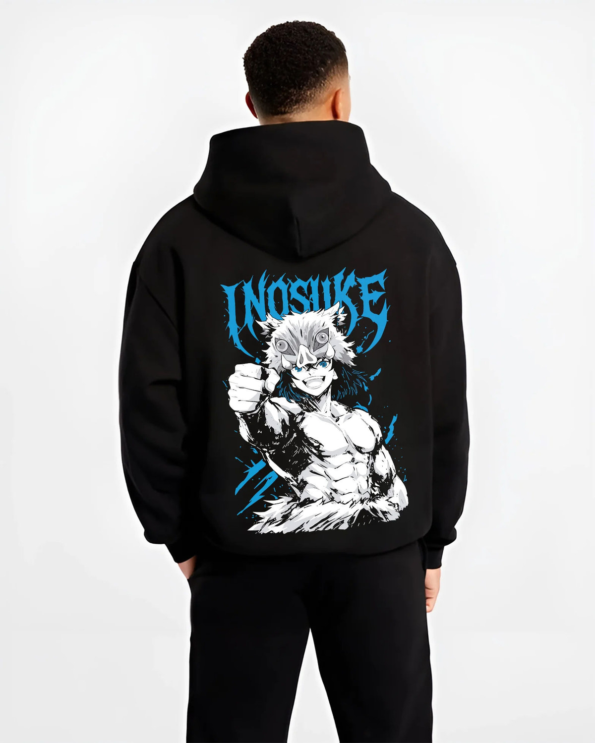 Black hoodie model back view showing Inosuke Hashibira from Demon Slayer: unmasked action pose