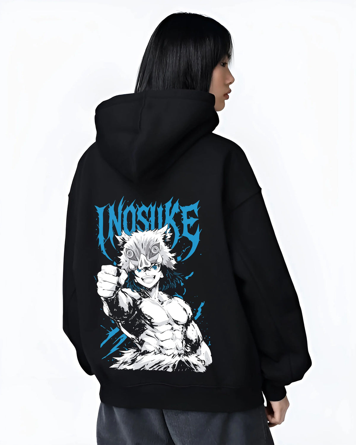 Black hoodie female model back view showing Inosuke Hashibira from Demon Slayer: unmasked action pose