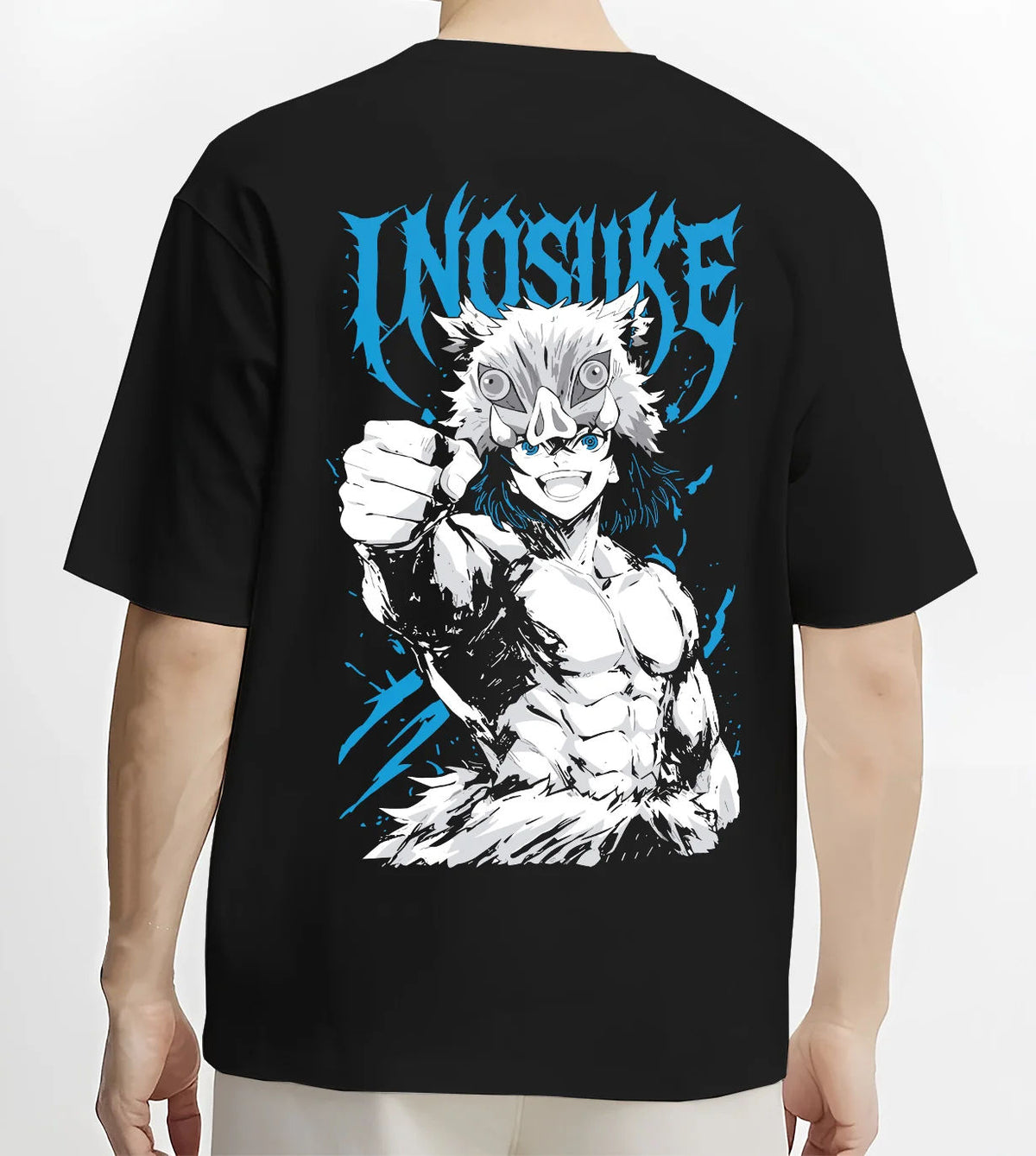 Black T-shirt model back view showing Inosuke Hashibira from Demon Slayer: unmasked action pose