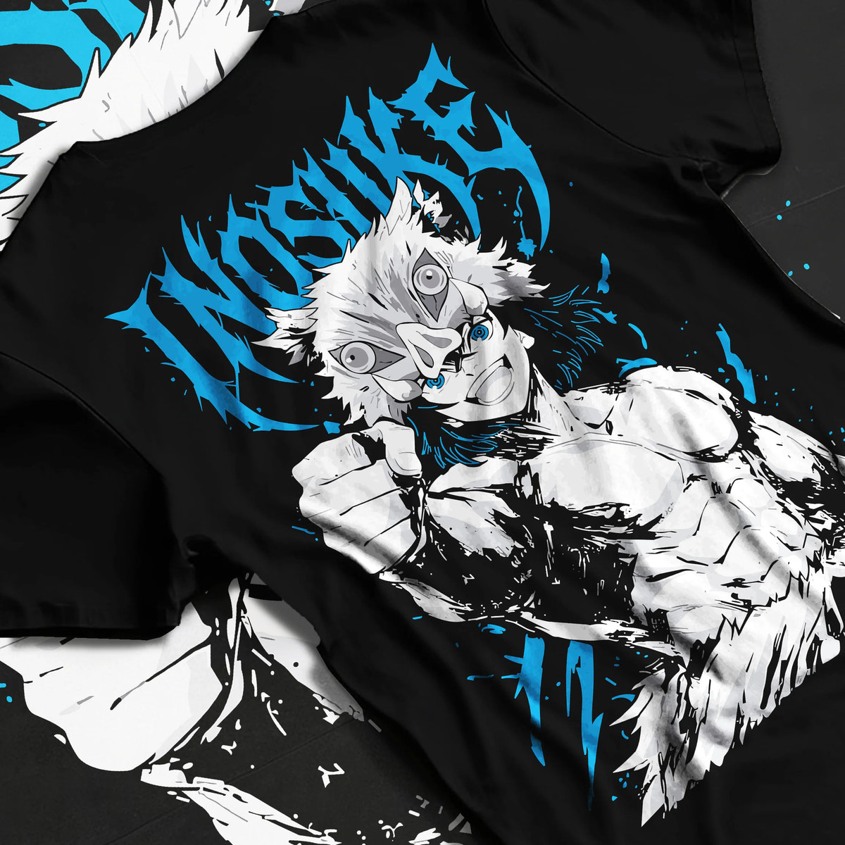 Black T-shirt flat back view showing Inosuke Hashibira from Demon Slayer: unmasked action pose