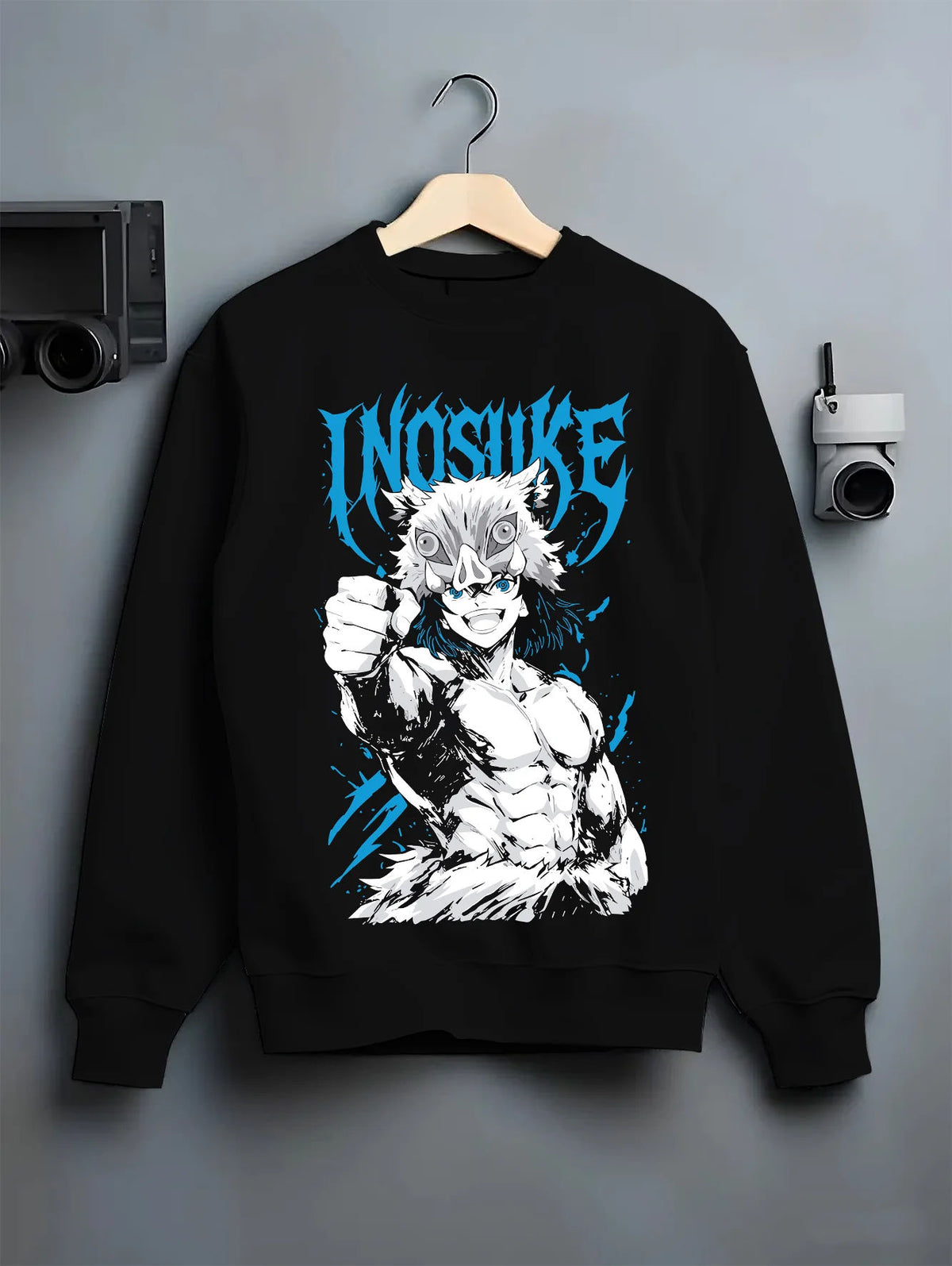 Black crewneck sweatshirt on hanger showing Inosuke Hashibira from Demon Slayer: unmasked action pose