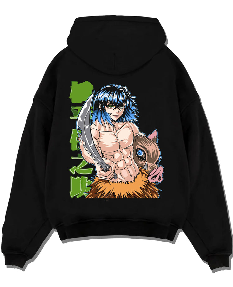 Black pullover hoodie laid flat with Demon Slayer Hoodie Inosuke Hashibira Strong Jumper graphic premium wear.