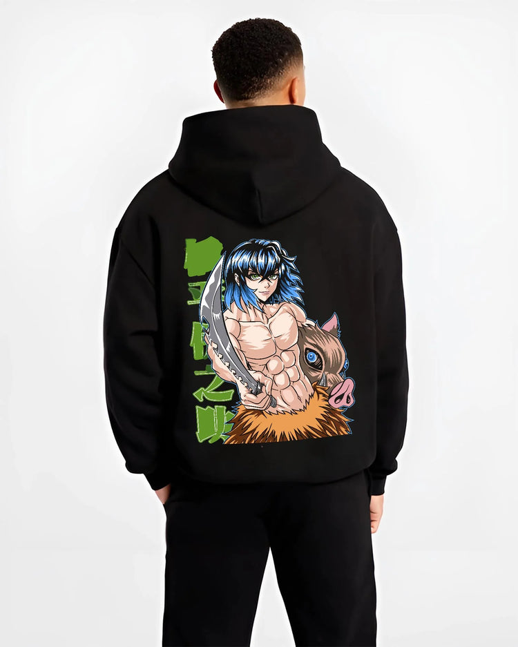 Black hoodie worn by male model, back view with Demon Slayer Hoodie Inosuke Hashibira Strong Jumper graphic bold anime graphic.