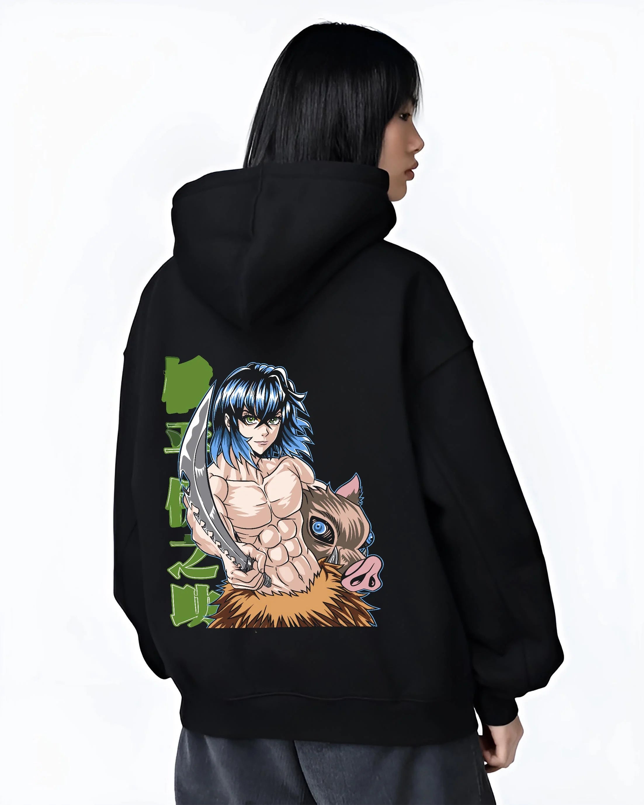 Black hoodie worn by female model, back view with Demon Slayer Hoodie Inosuke Hashibira Strong Jumper graphic premium wear.