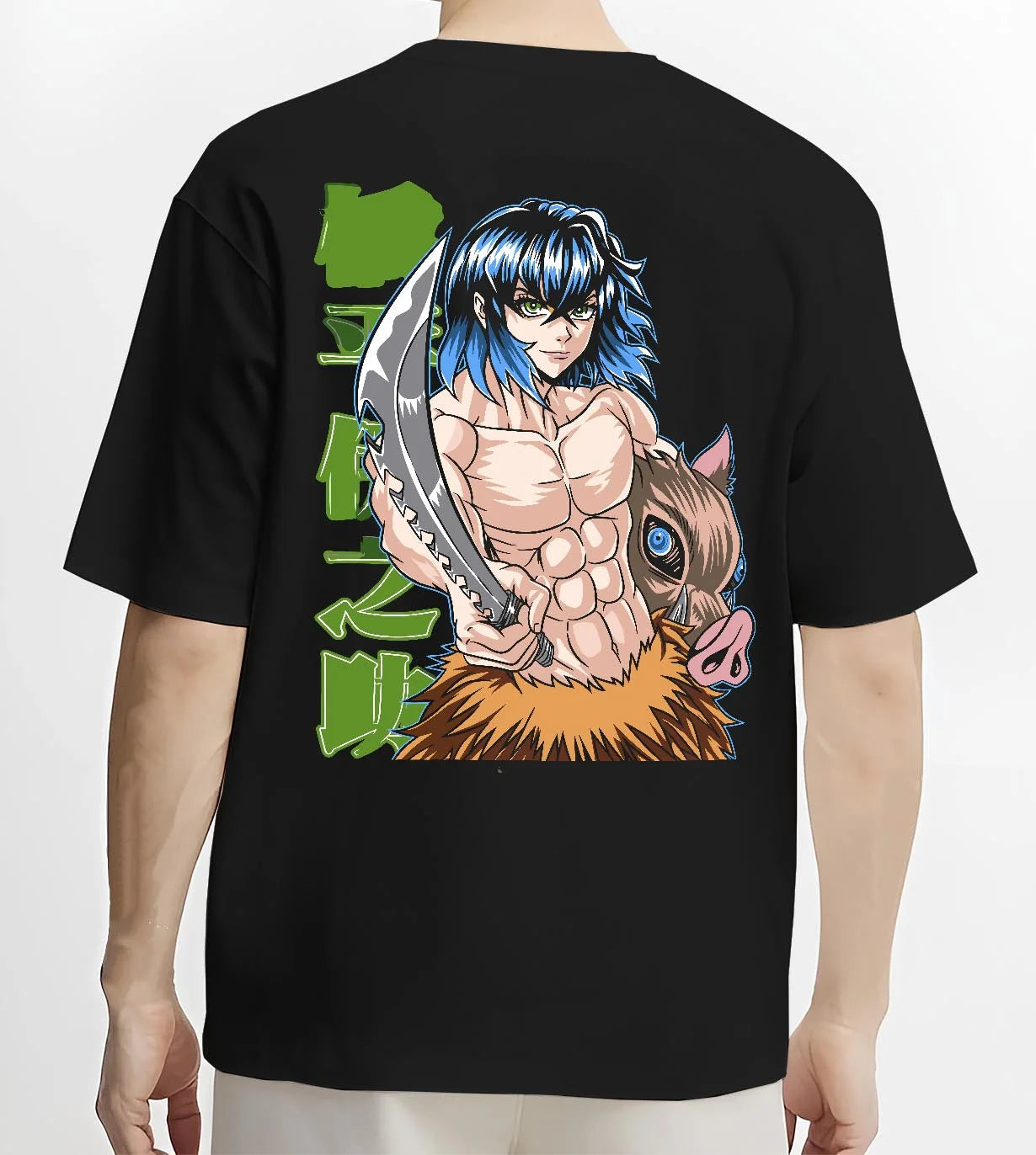 Black T-shirt worn by male model, back view with Demon Slayer Hoodie Inosuke Hashibira Strong Jumper graphic bold anime graphic.