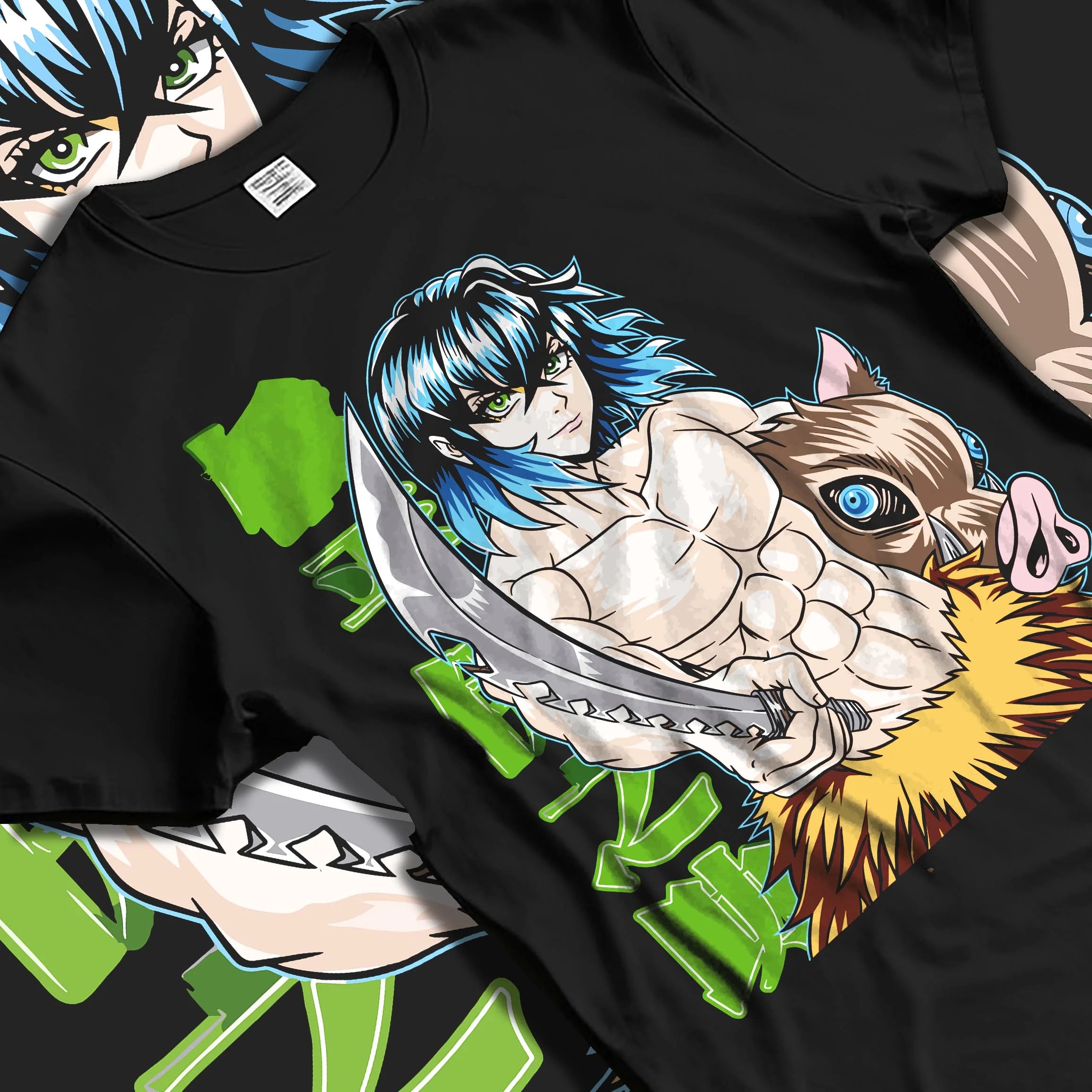 Black T-shirt laid flat with natural folds with Demon Slayer Hoodie Inosuke Hashibira Strong Jumper graphic streetwear graphic.
