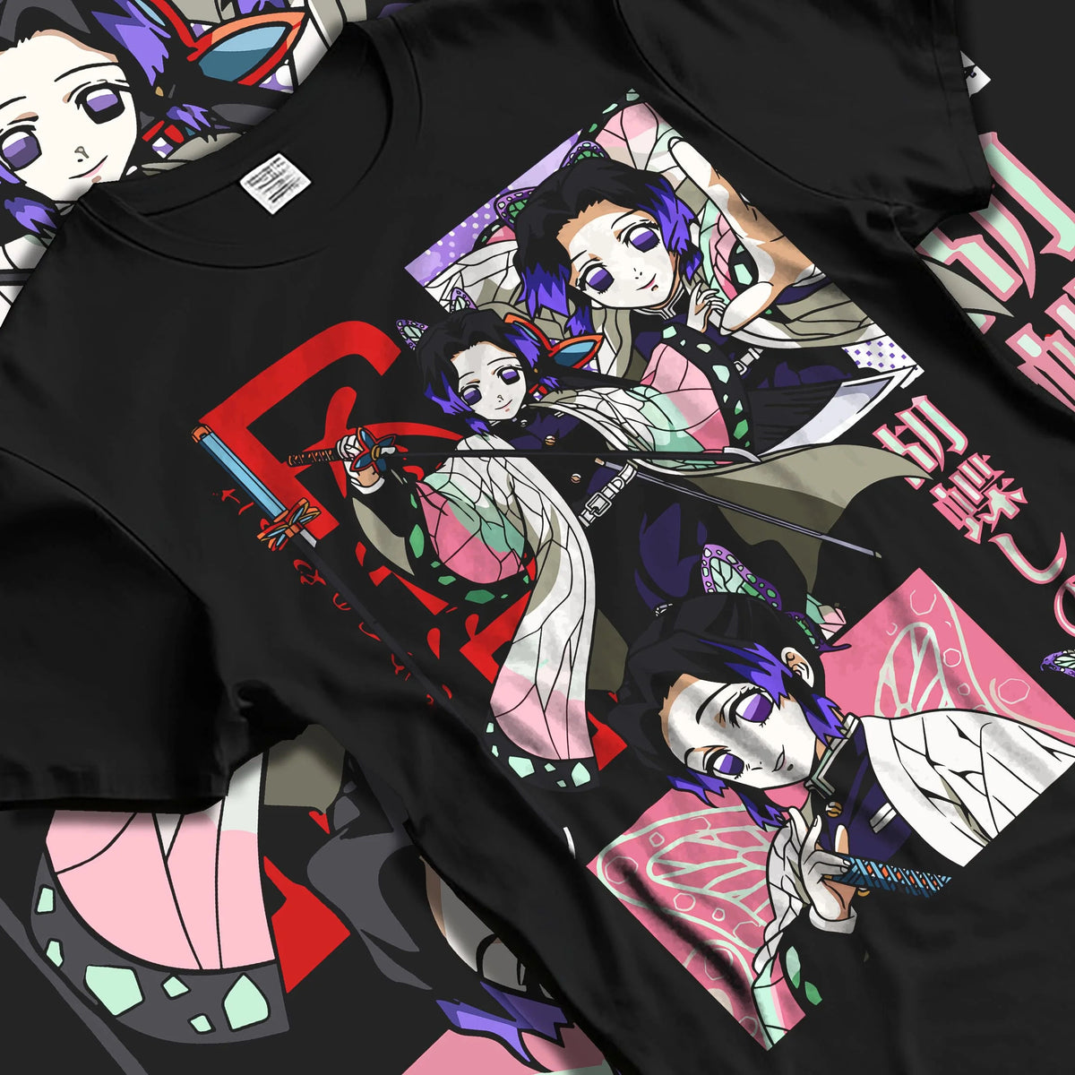 Black T-shirt laid flat with natural folds featuring Shinobu Kocho Insect Hashira butterfly artwork.