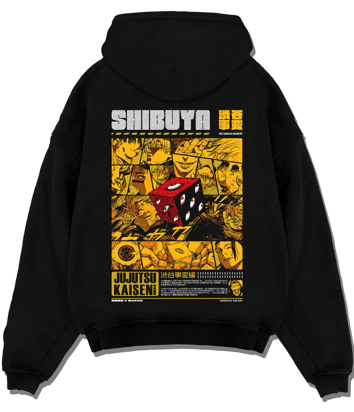 Black hoodie flat back view showing Jujutsu Kaisen: Shibuya Incident red dice collage