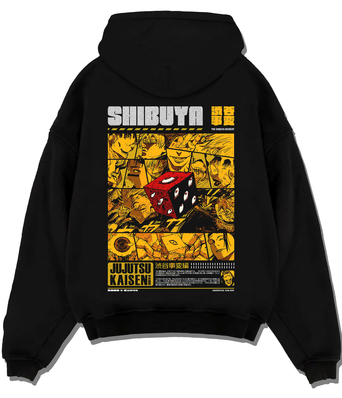 Black hoodie flat back view showing Jujutsu Kaisen: Shibuya Incident red dice collage