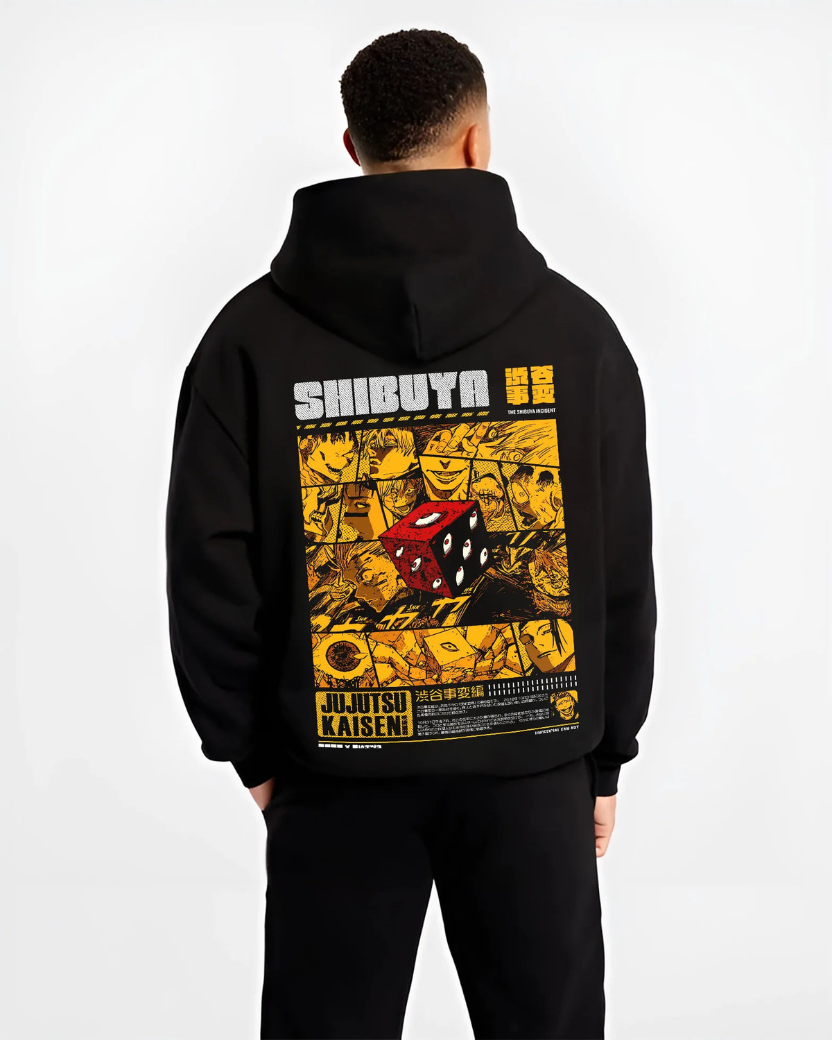 Black hoodie model back view showing Jujutsu Kaisen: Shibuya Incident red dice collage