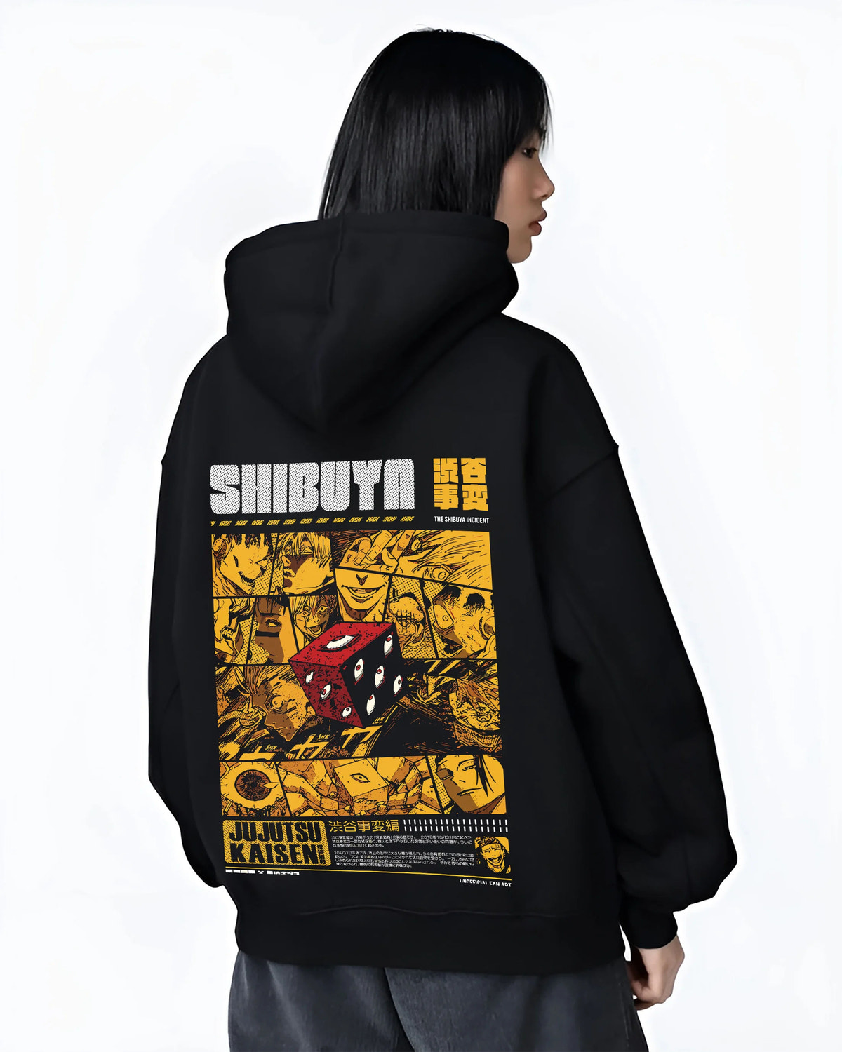 Black hoodie female model back view showing Jujutsu Kaisen: Shibuya Incident red dice collage