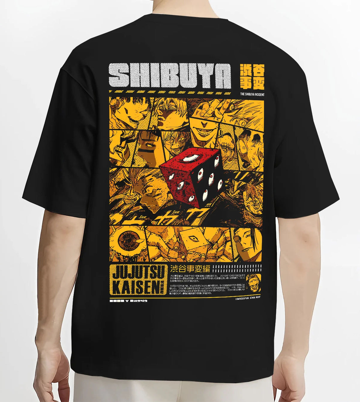 Black T-shirt model back view showing Jujutsu Kaisen: Shibuya Incident red dice collage