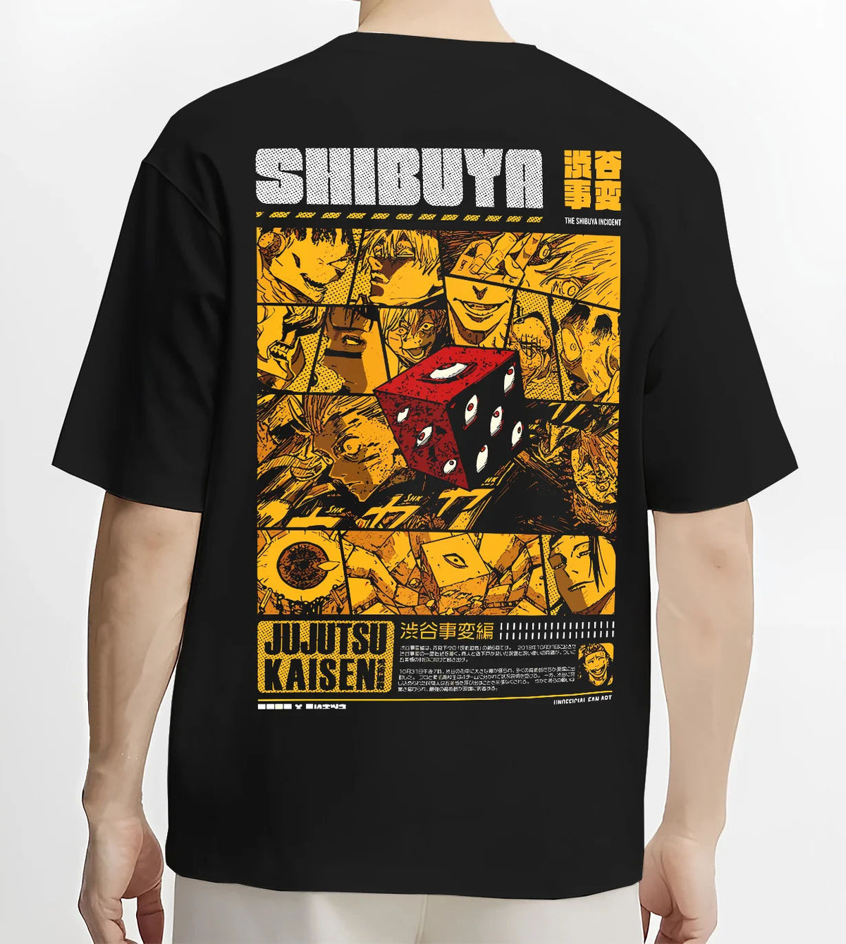 Black T-shirt model back view showing Jujutsu Kaisen: Shibuya Incident red dice collage