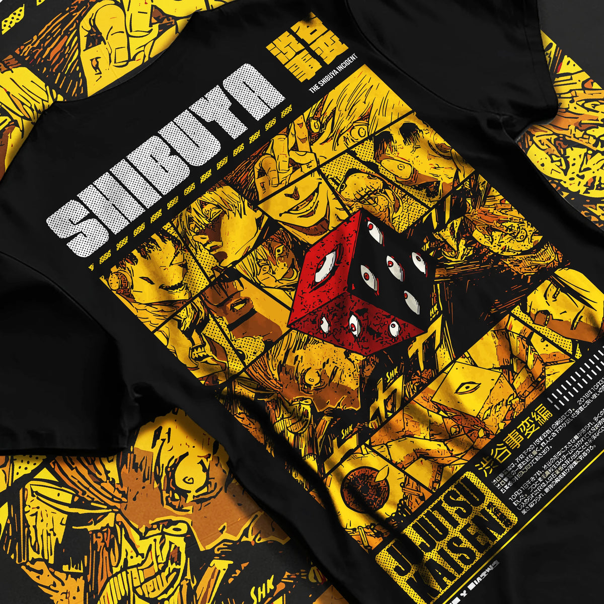 Black T-shirt flat back view showing Jujutsu Kaisen: Shibuya Incident red dice collage