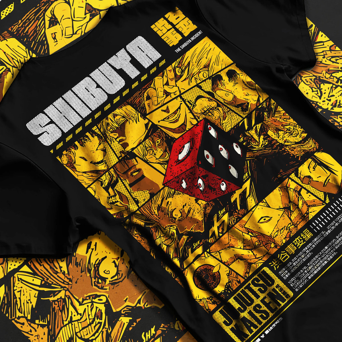 Black T-shirt flat back view showing Jujutsu Kaisen: Shibuya Incident red dice collage