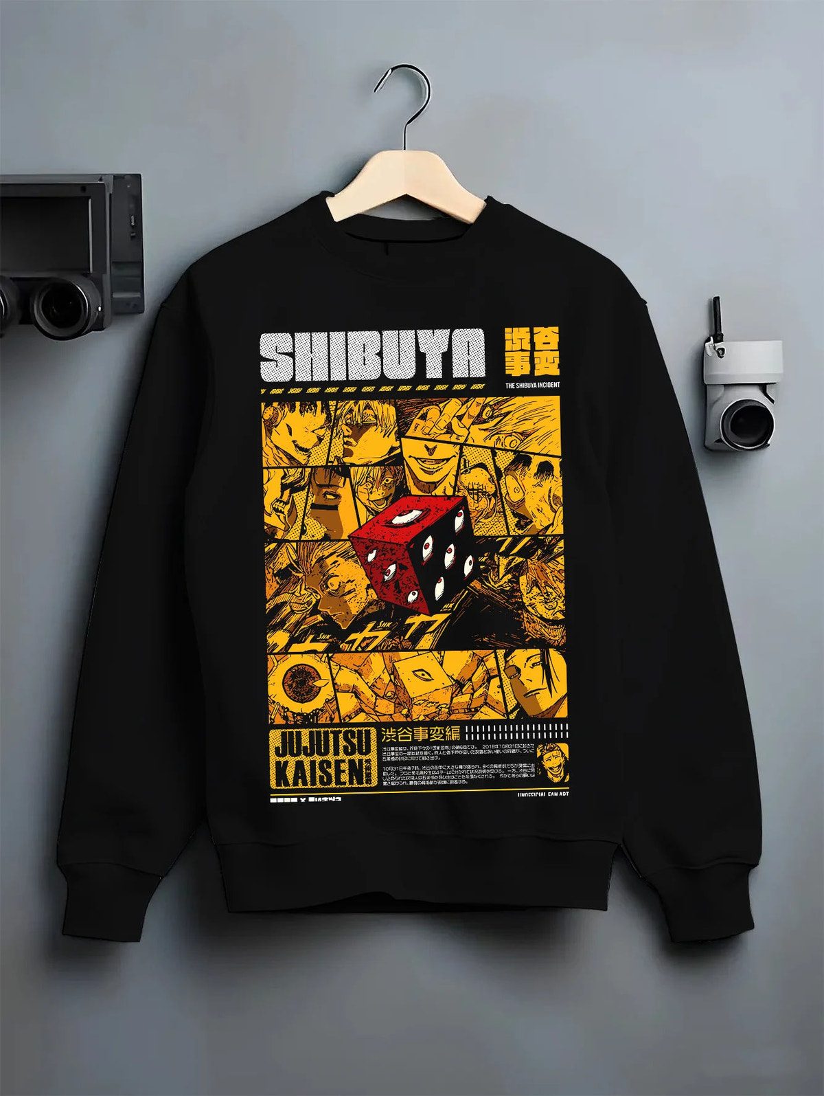 Black crewneck sweatshirt on hanger showing Jujutsu Kaisen: Shibuya Incident red dice collage